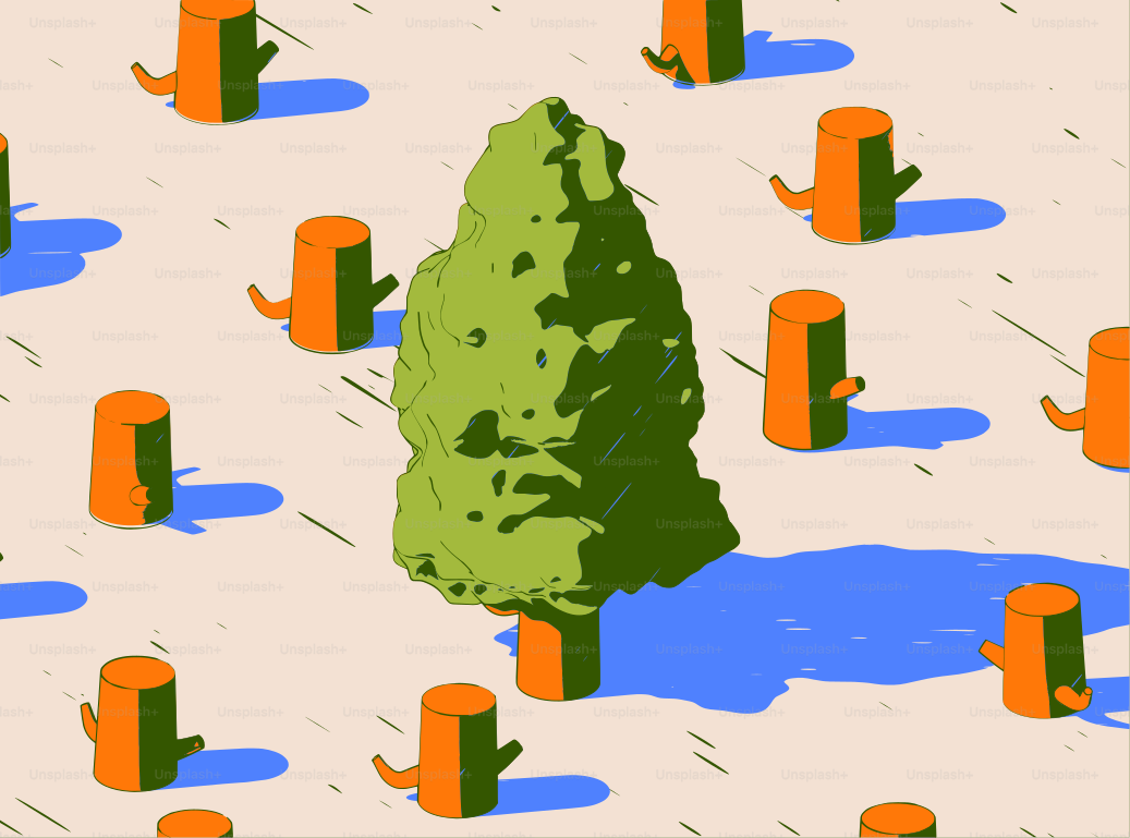 A solitary tree stands amidst cut stumps.