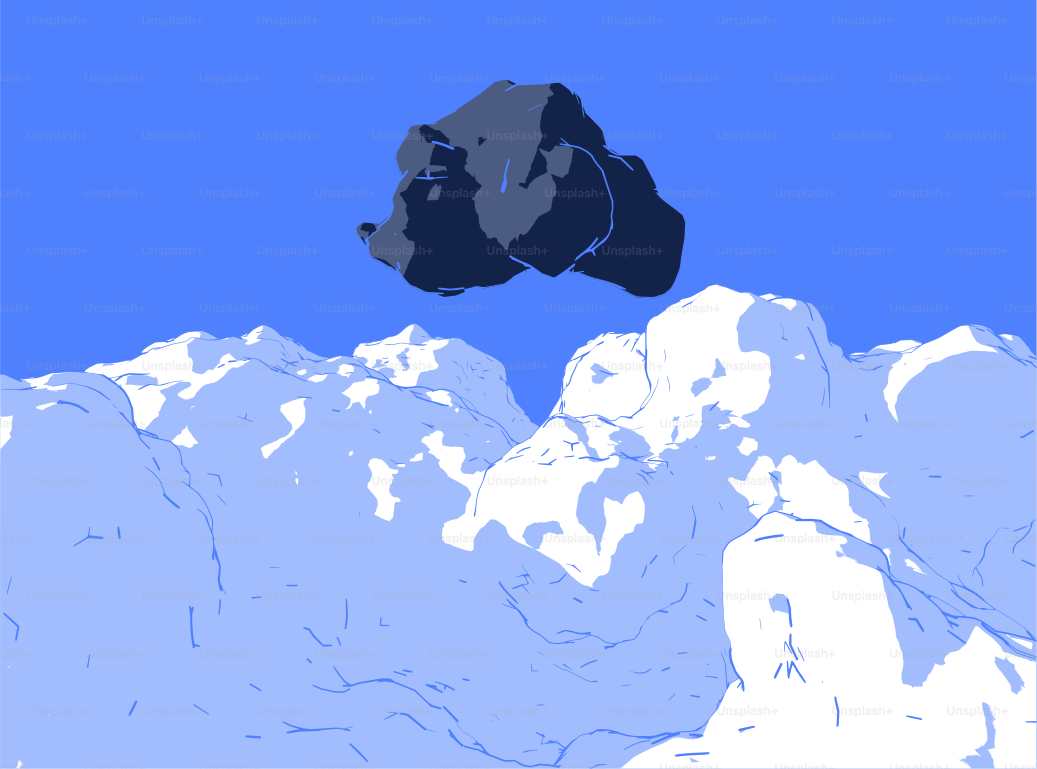 Mountains appear beneath a dark, floating object.