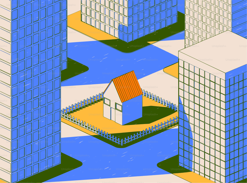 A tiny house amidst skyscrapers and city roads.