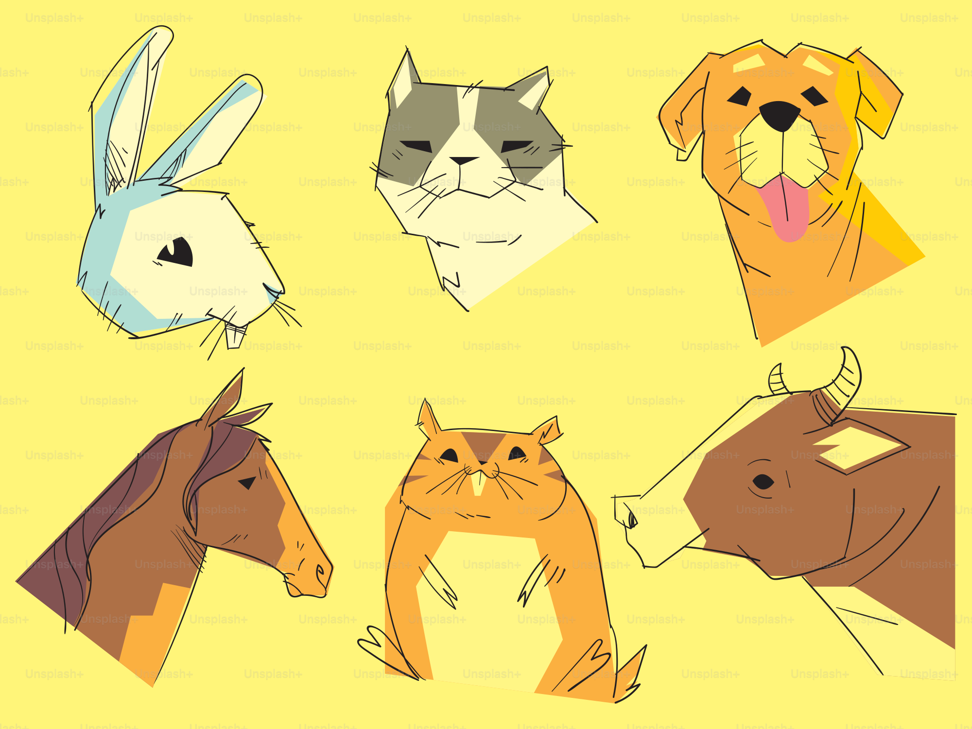 Various illustrated animals in a playful, artistic style.