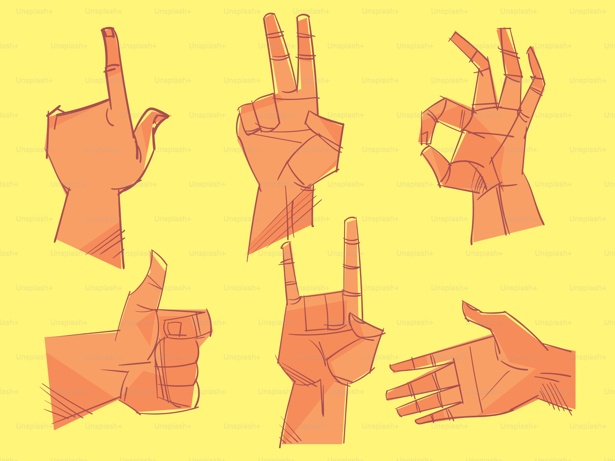 手が様々なポーズで異なるジェスチャーをしている。のベクター – Unsplashの図の画像, image size:3000x2250