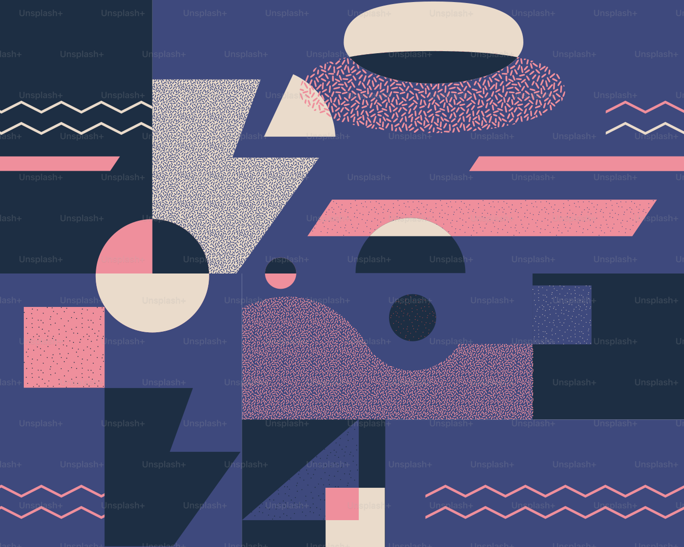 Abstract geometric shapes are arranged over a blue background.