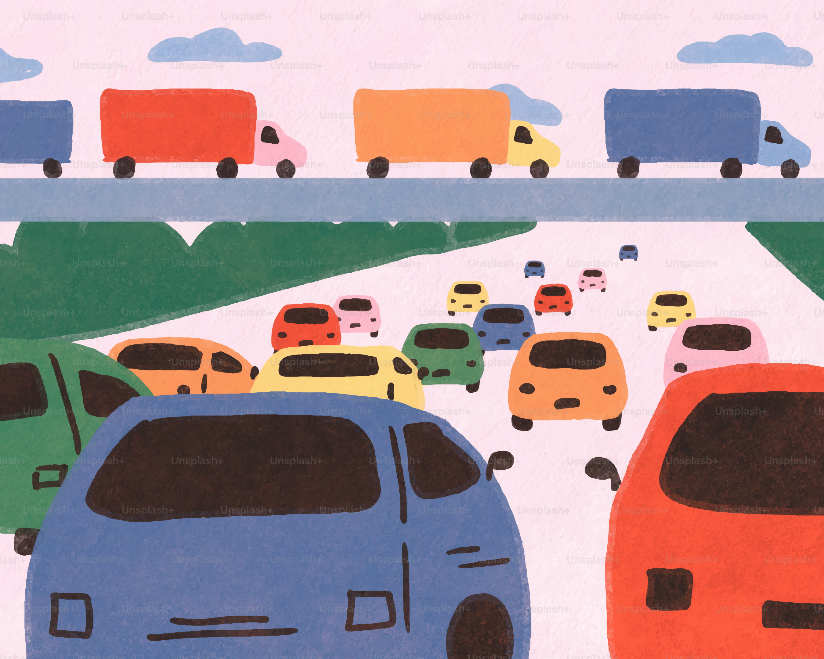 Cars and trucks are stuck in heavy traffic.