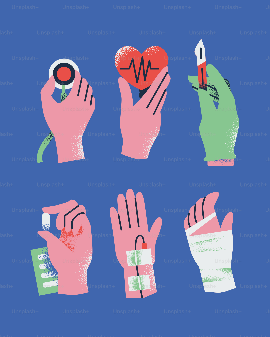 Medizinische Hände, die verschiedene medizinische Gegenstände halten.