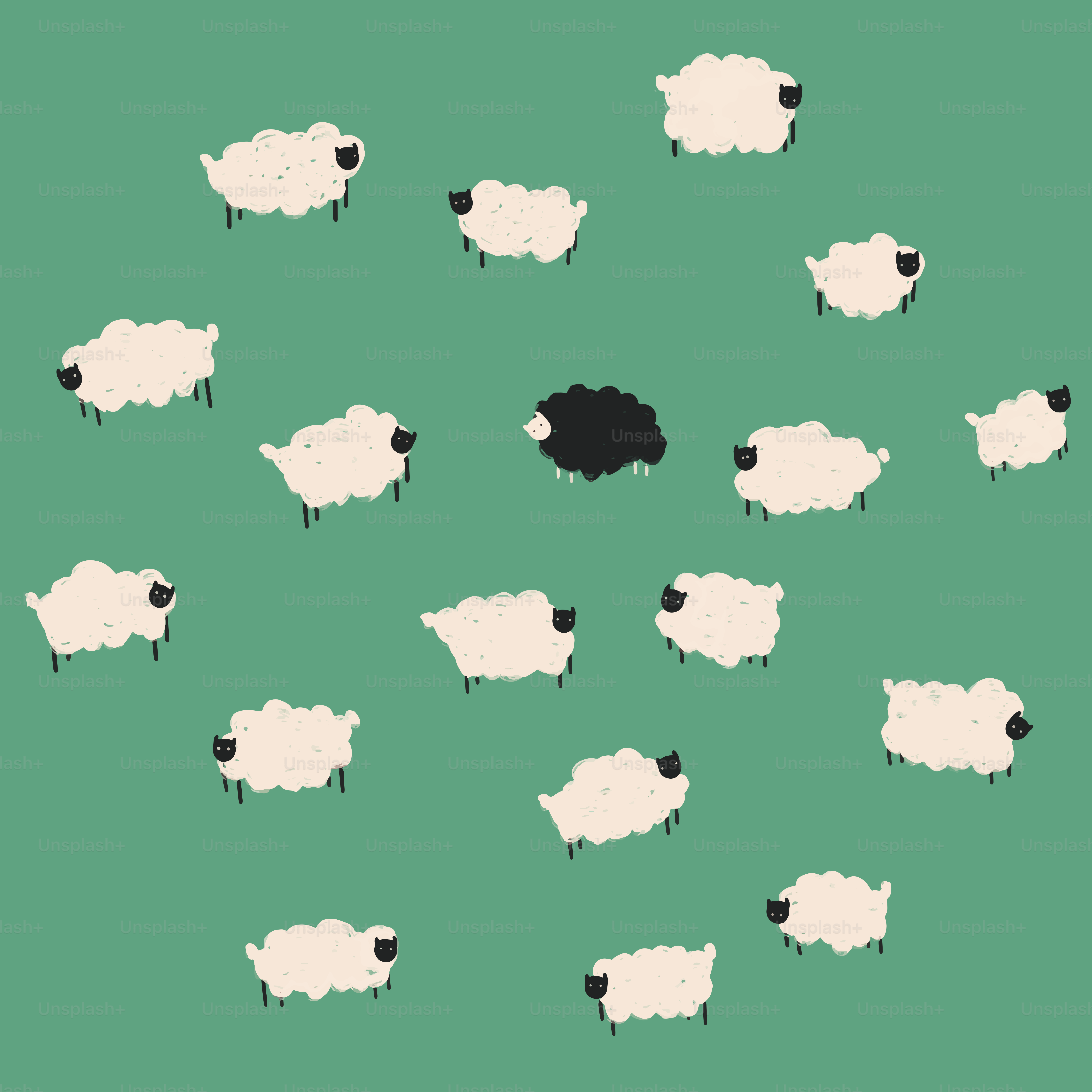 A black sheep stands out among the white ones.