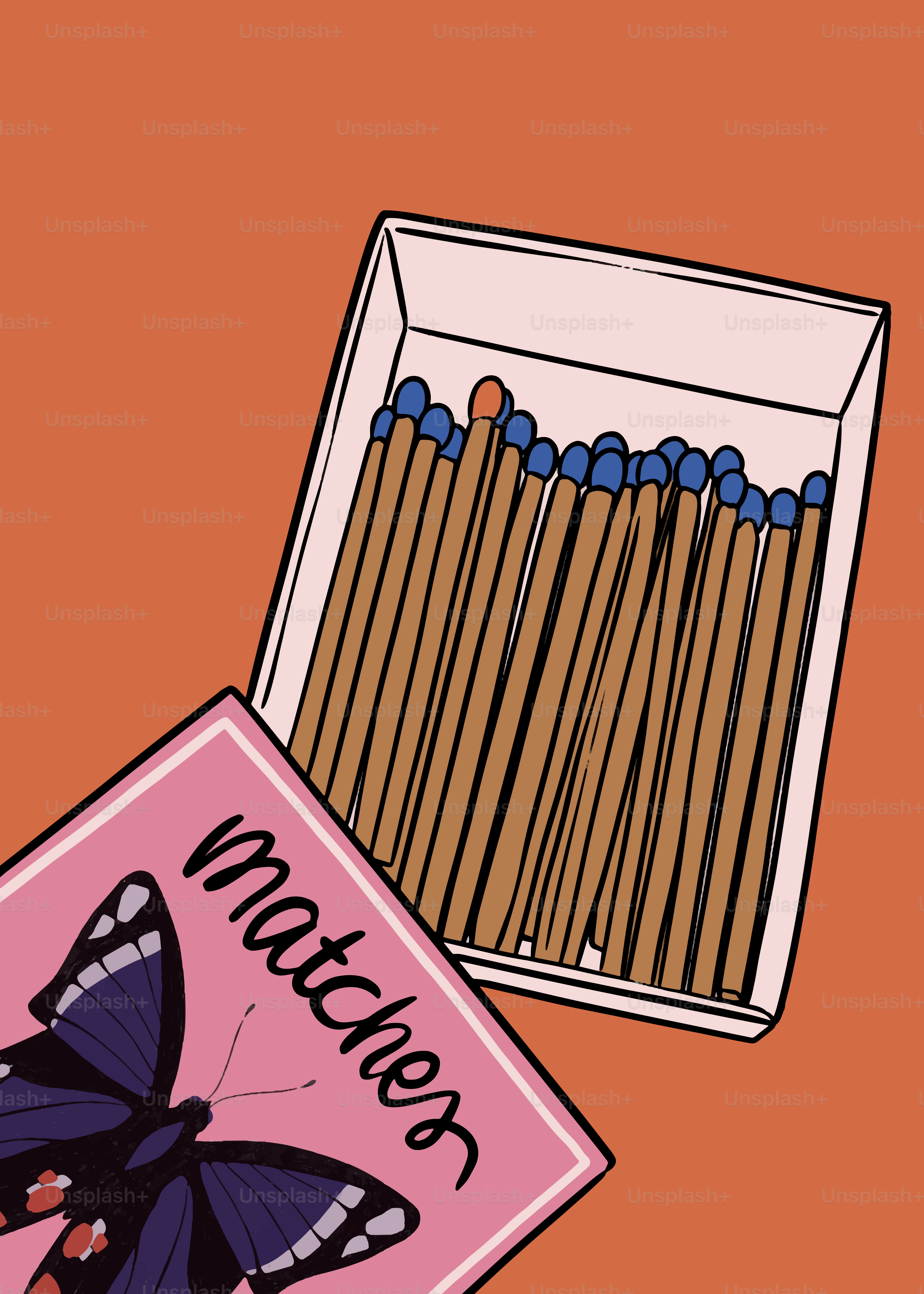 Los cerillos están en una caja con una mariposa.