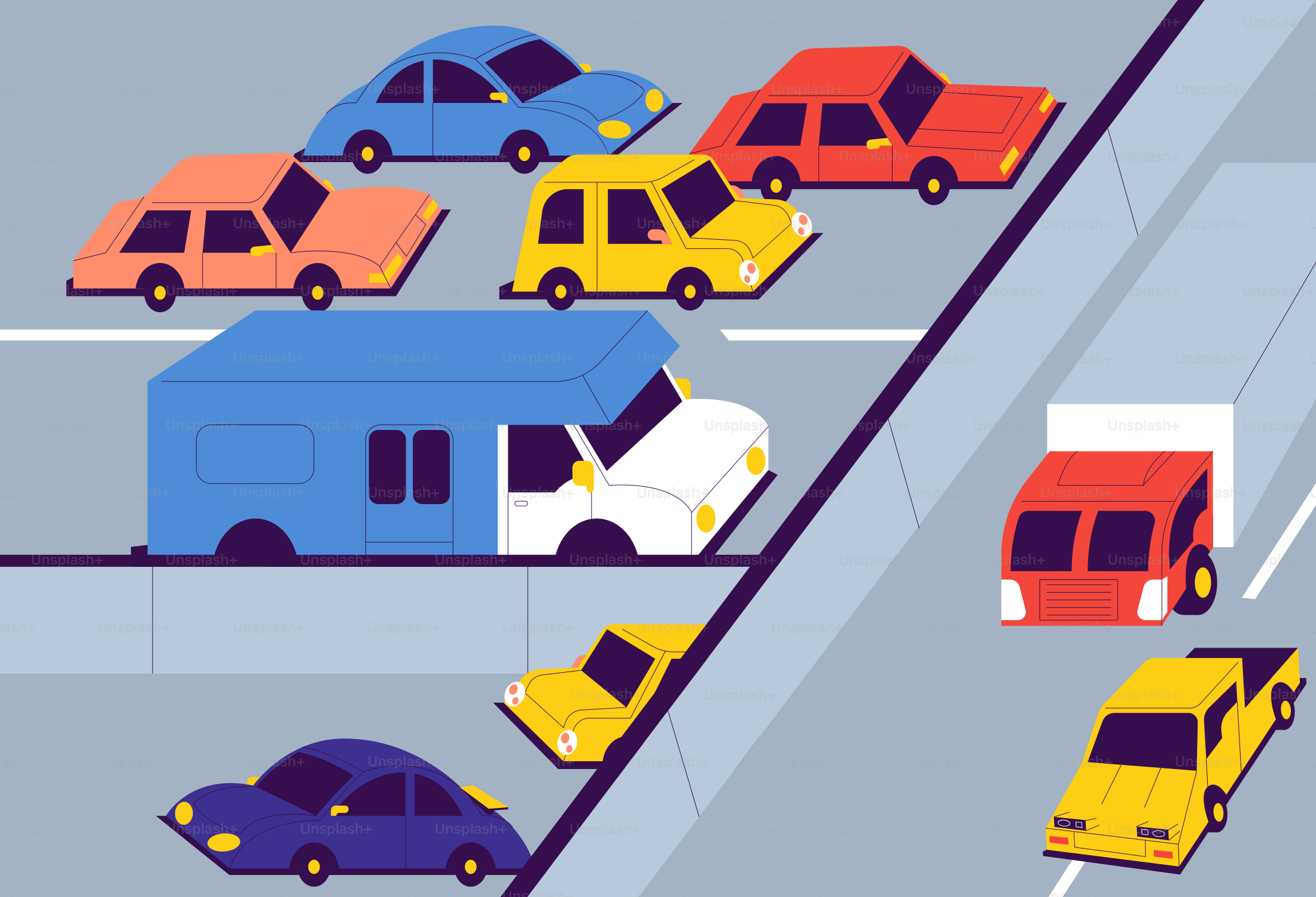 Cars and a camper are stuck in traffic.