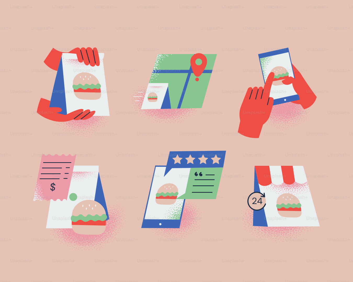 Online ordering of food with various related actions.