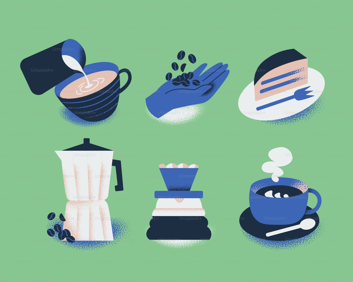 Coffee-related icons representing brewing, beans, and treats.