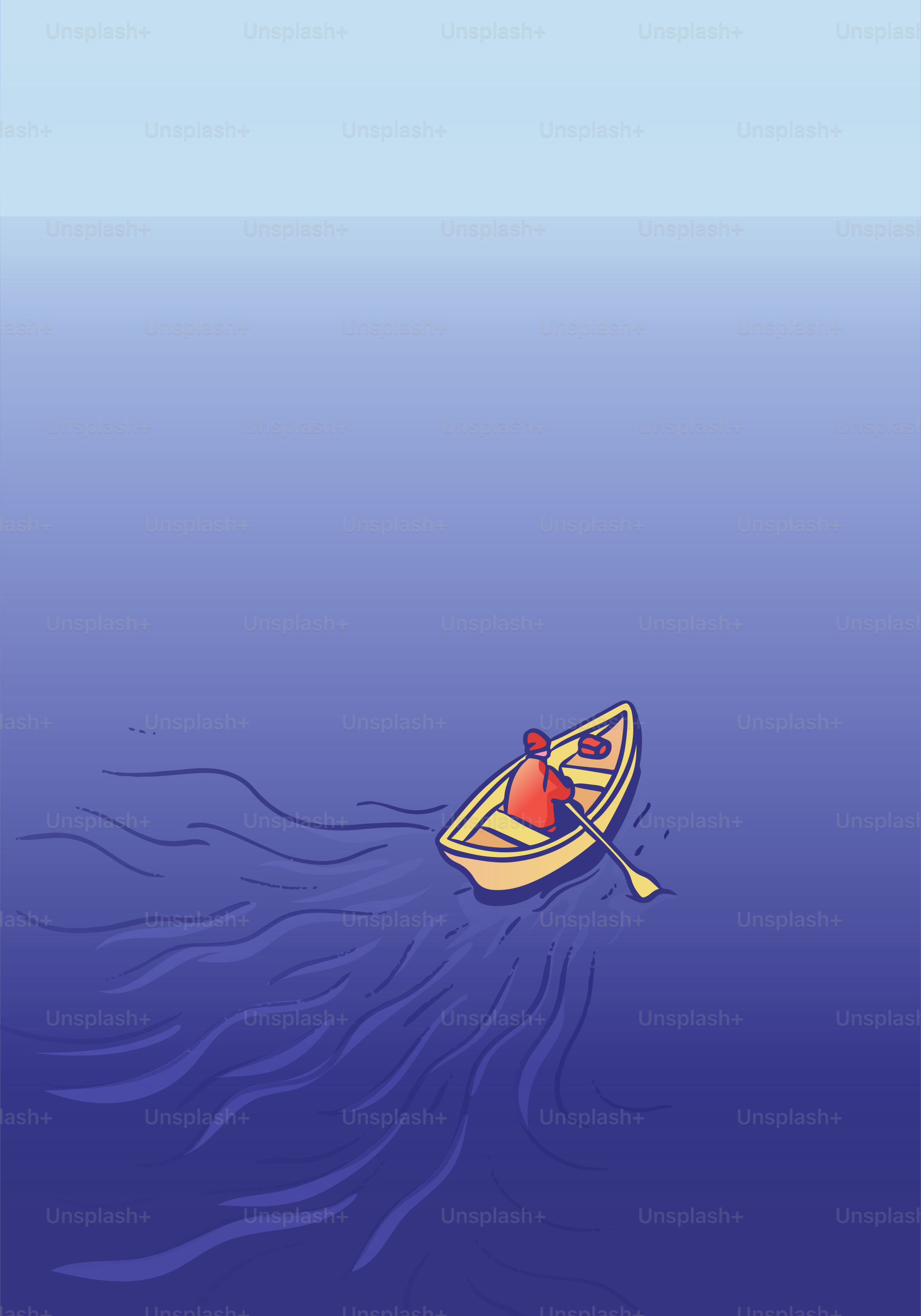 A person rows a boat on a vast sea.