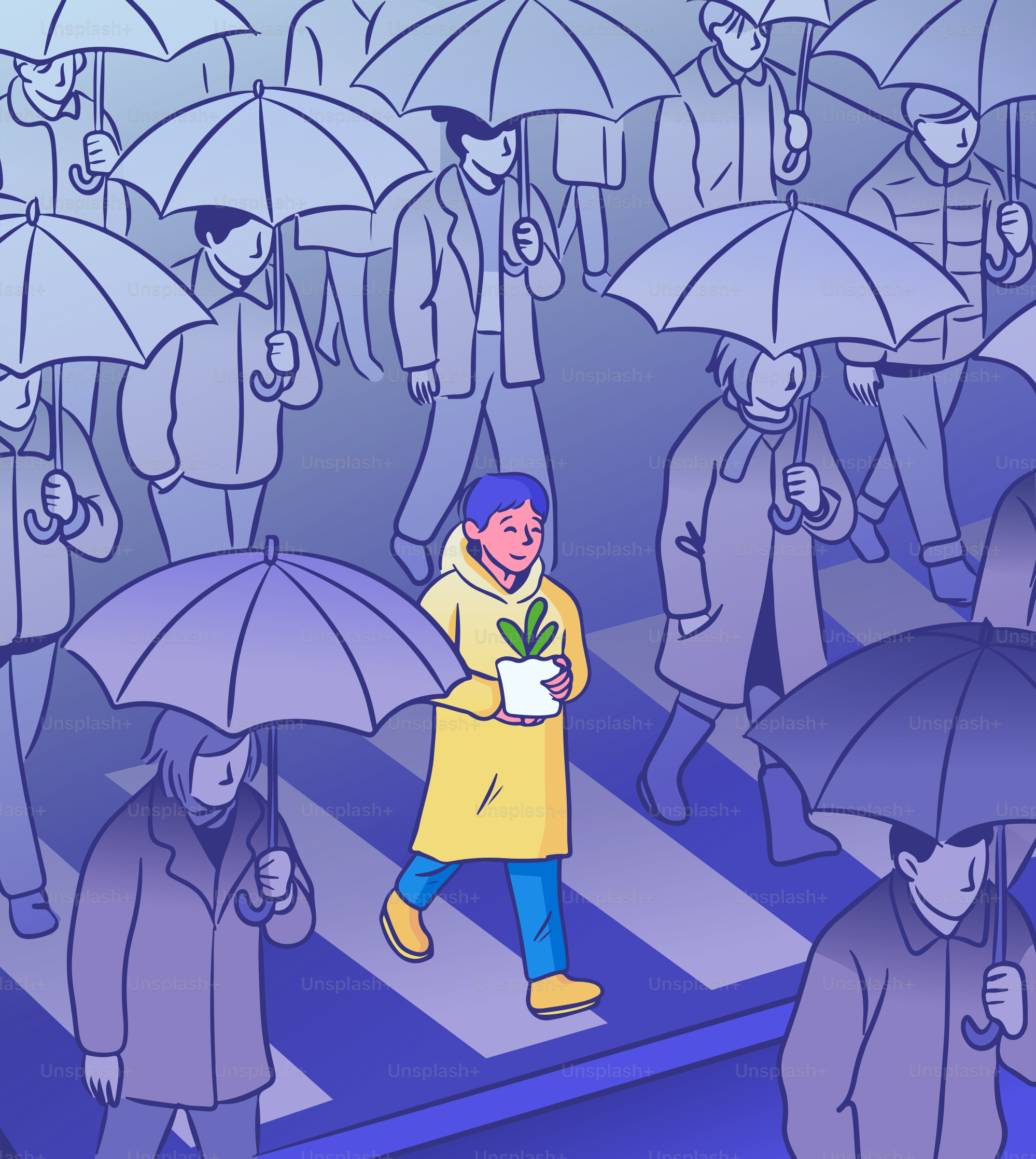 A person with a plant walks among others.