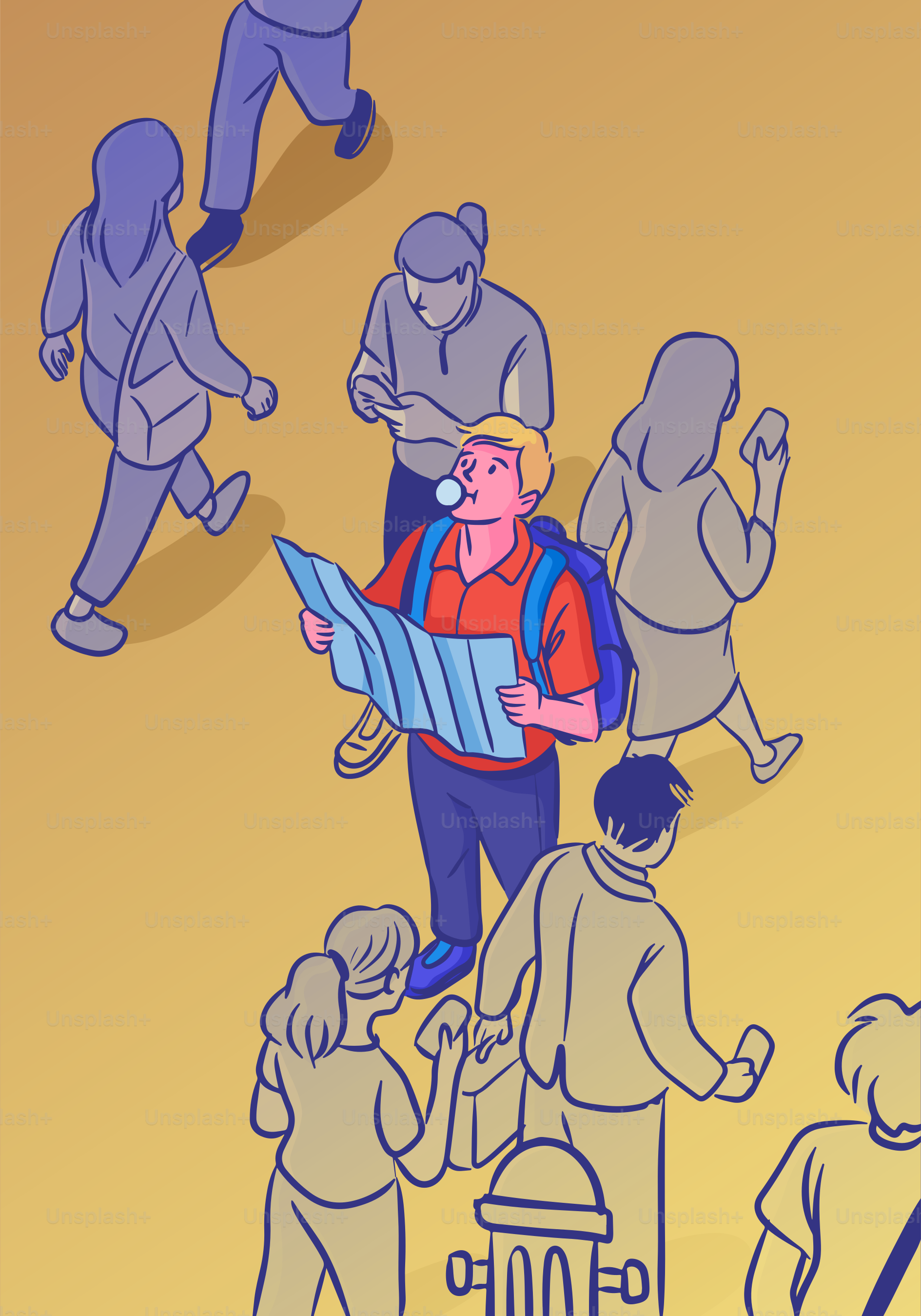 A tourist reads a map in a crowded area.