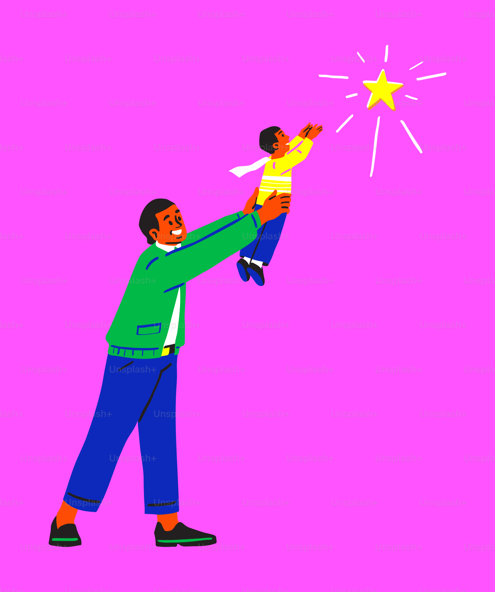 Father holds child up to reach a star.