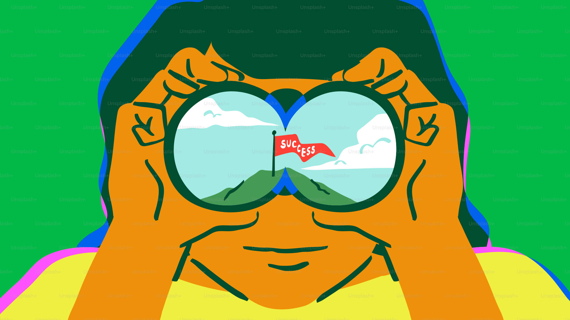 Jemand schaut durch ein Fernglas auf eine Flagge.