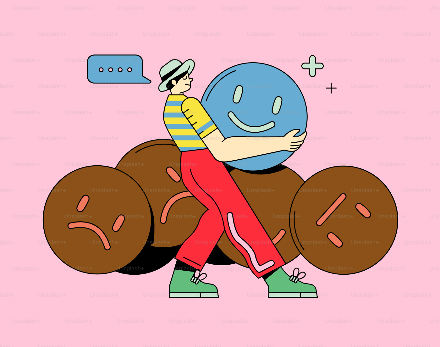 El hombre lleva la felicidad, evitando la tristeza.