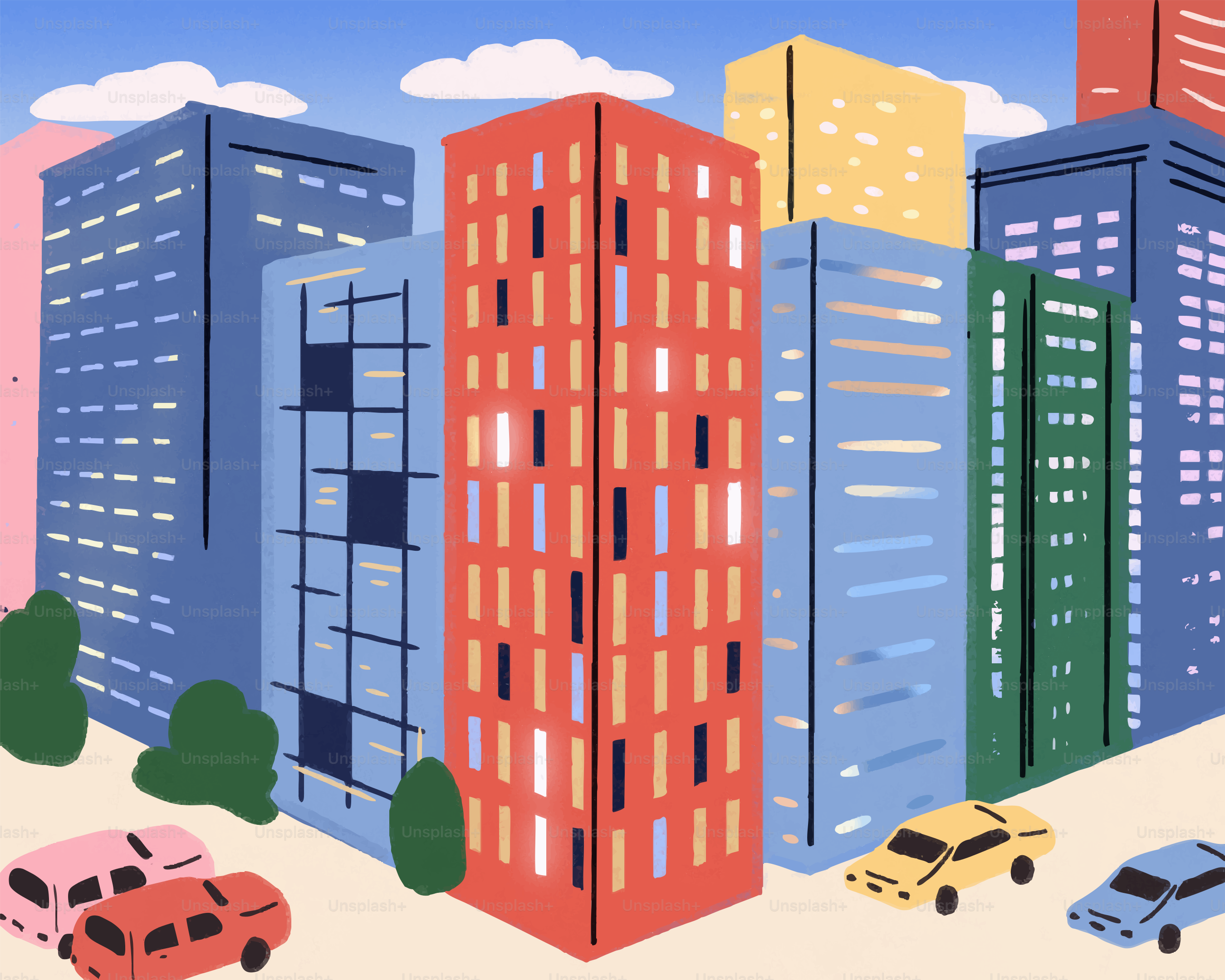 Des bâtiments et des voitures colorés peuplent cette scène urbaine.