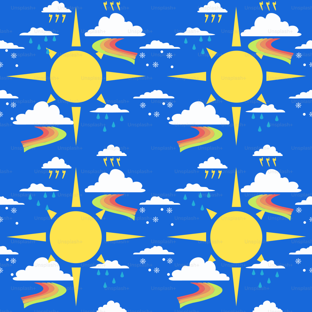 Matahari, awan, pelangi, dan hujan dalam pola.