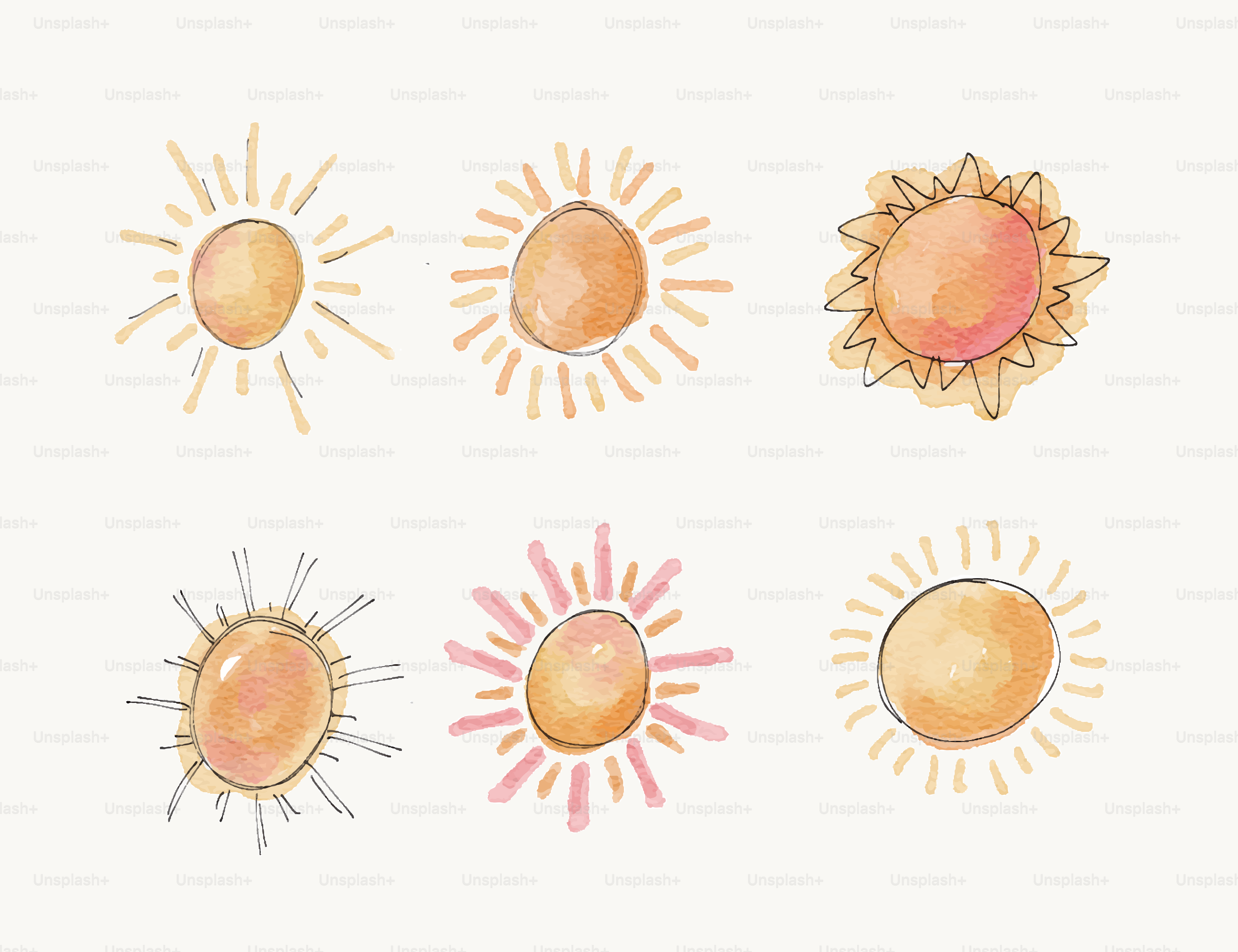 Watercolor suns of various shapes and colors.