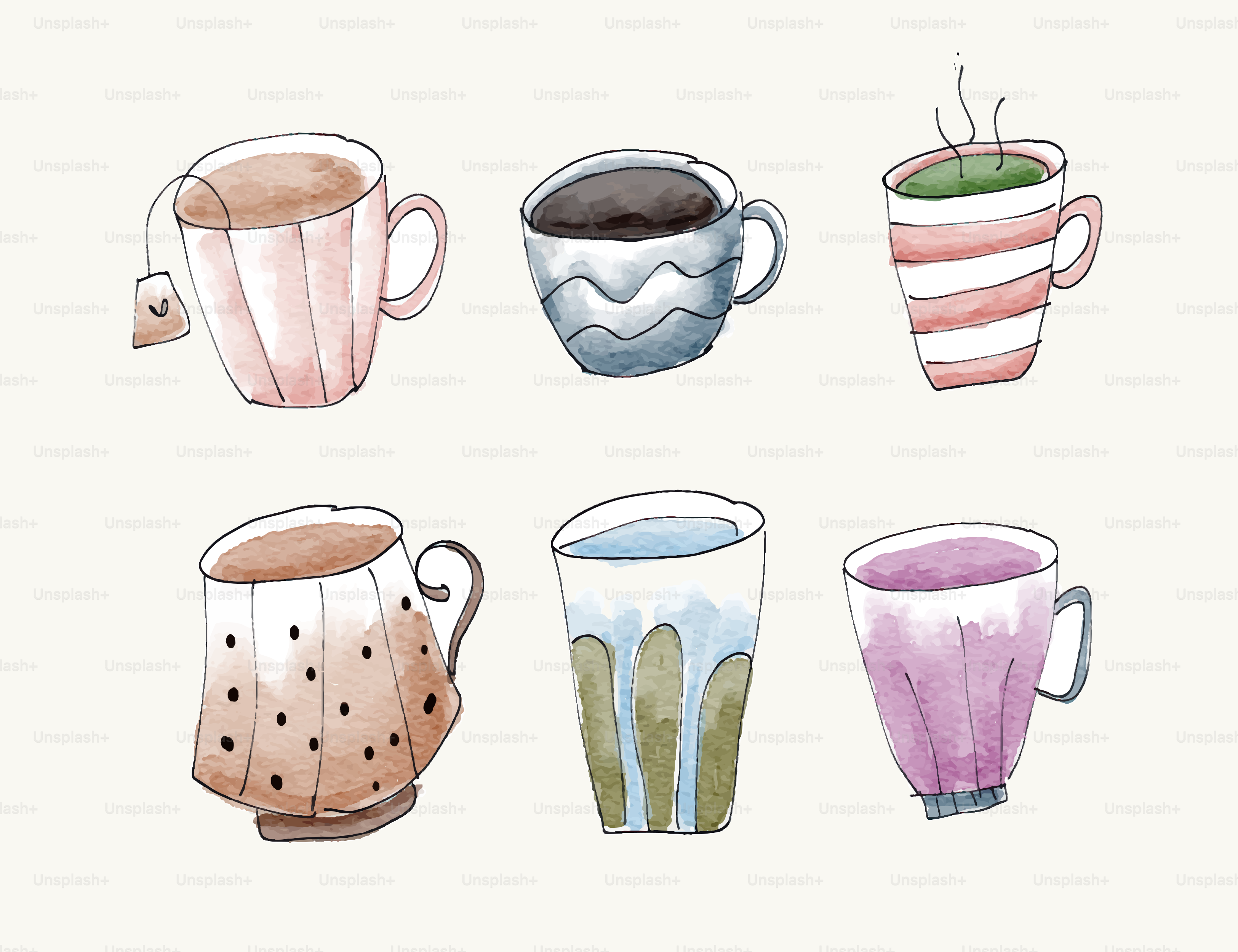 Here's a caption: various watercolor drawings of hot drinks in mugs.