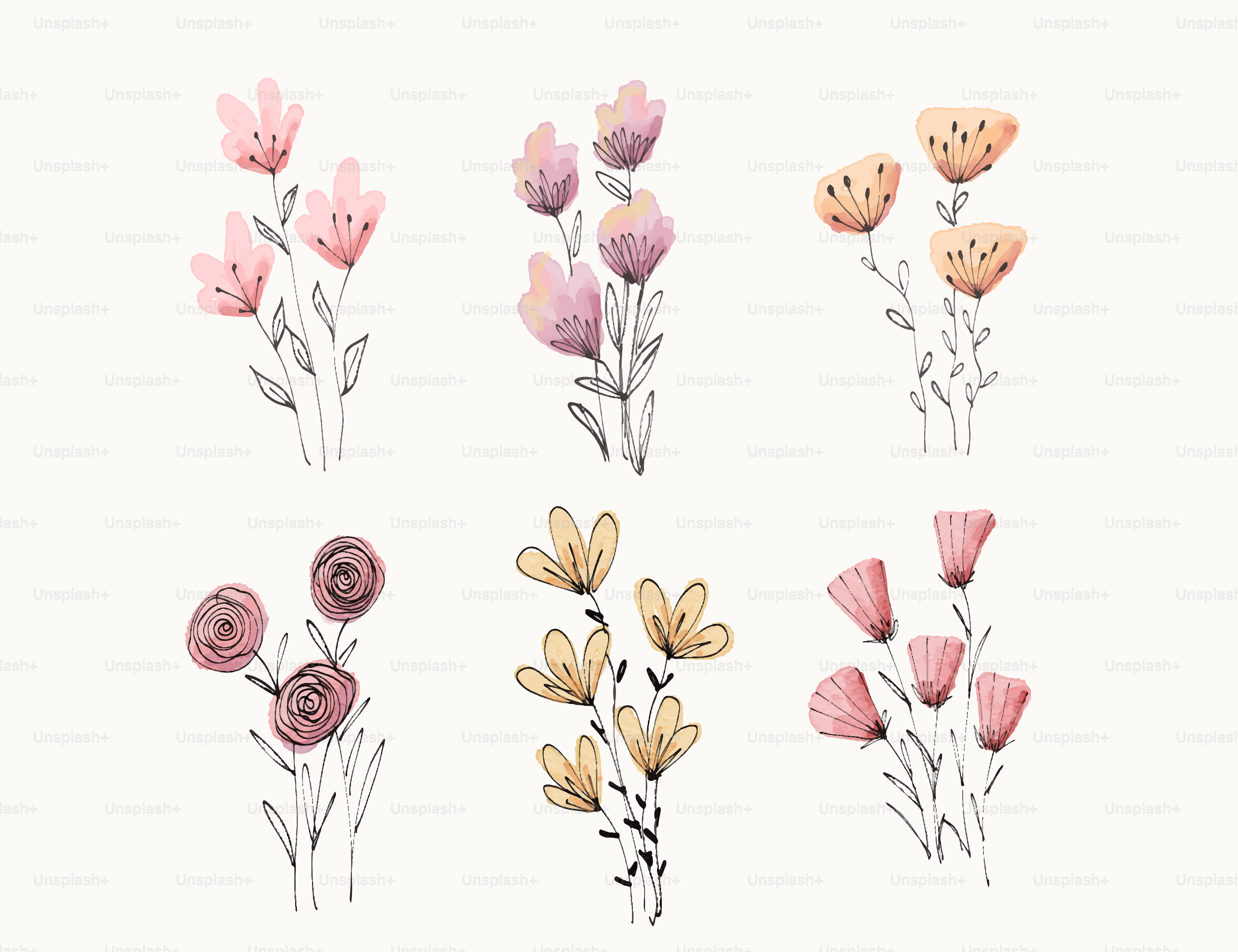 Watercolor flowers in various soft hues.