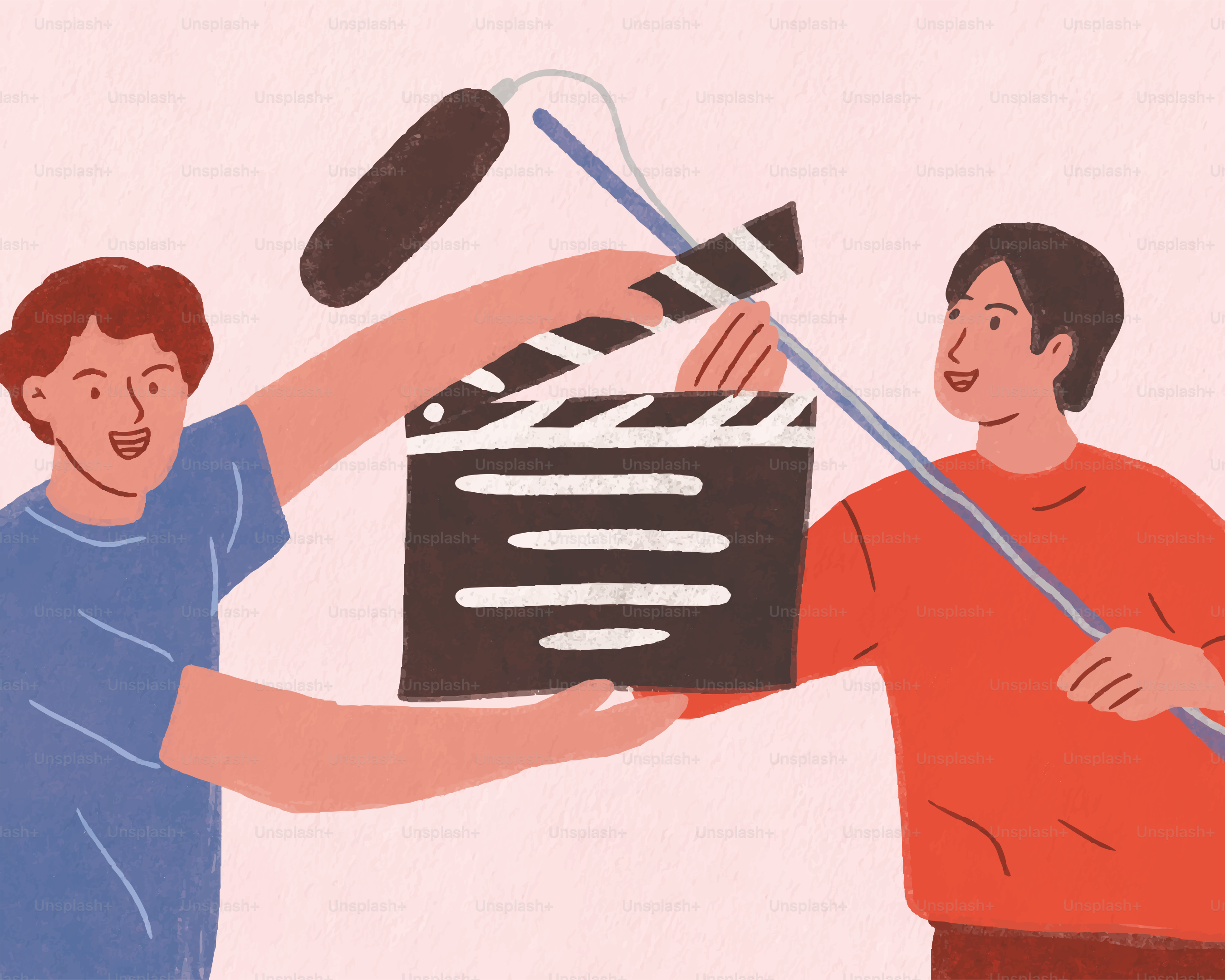 Pembuat film menggunakan clapperboard dan boom mic.