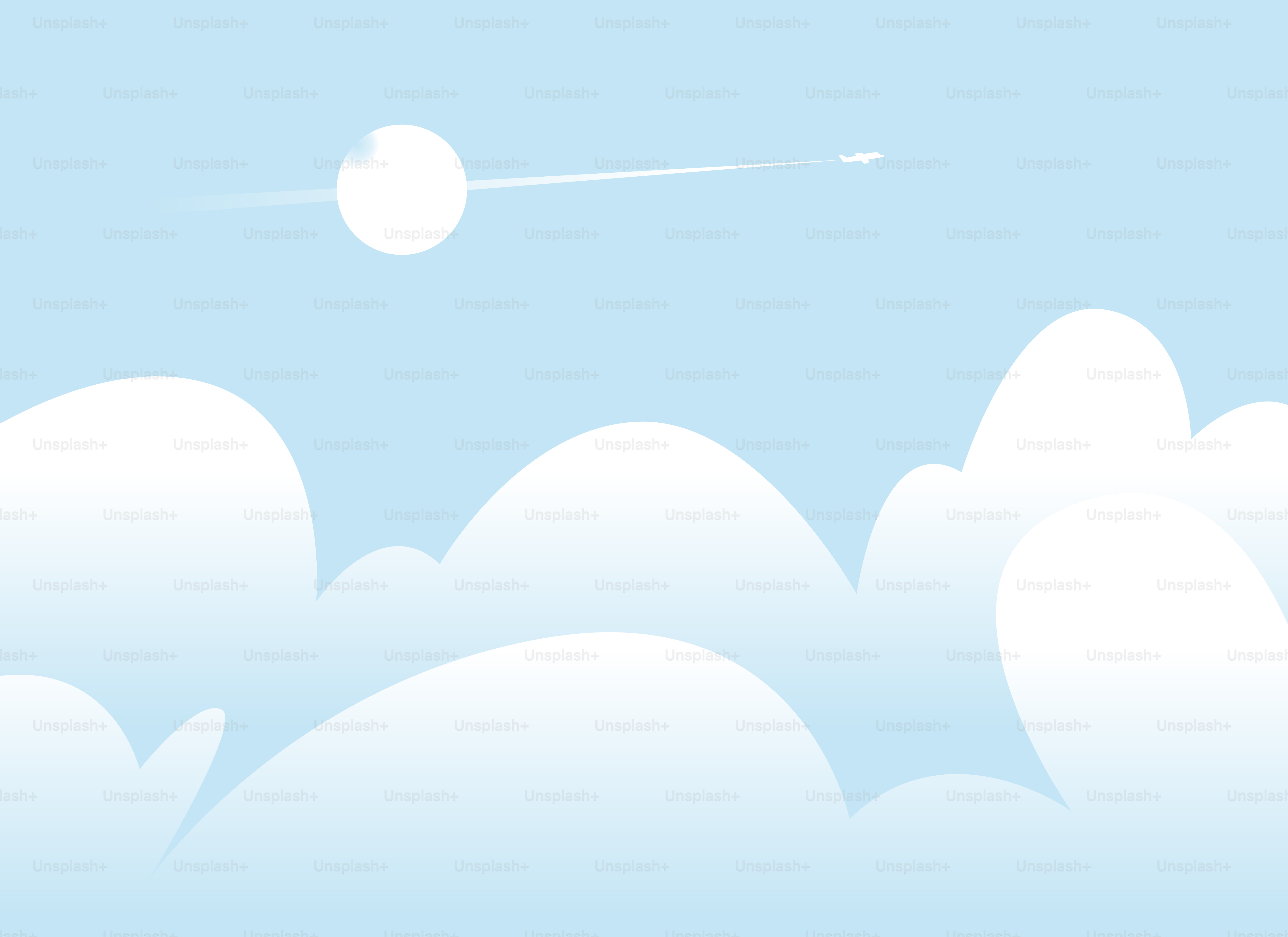 Clouds, sun and a plane in a blue sky.