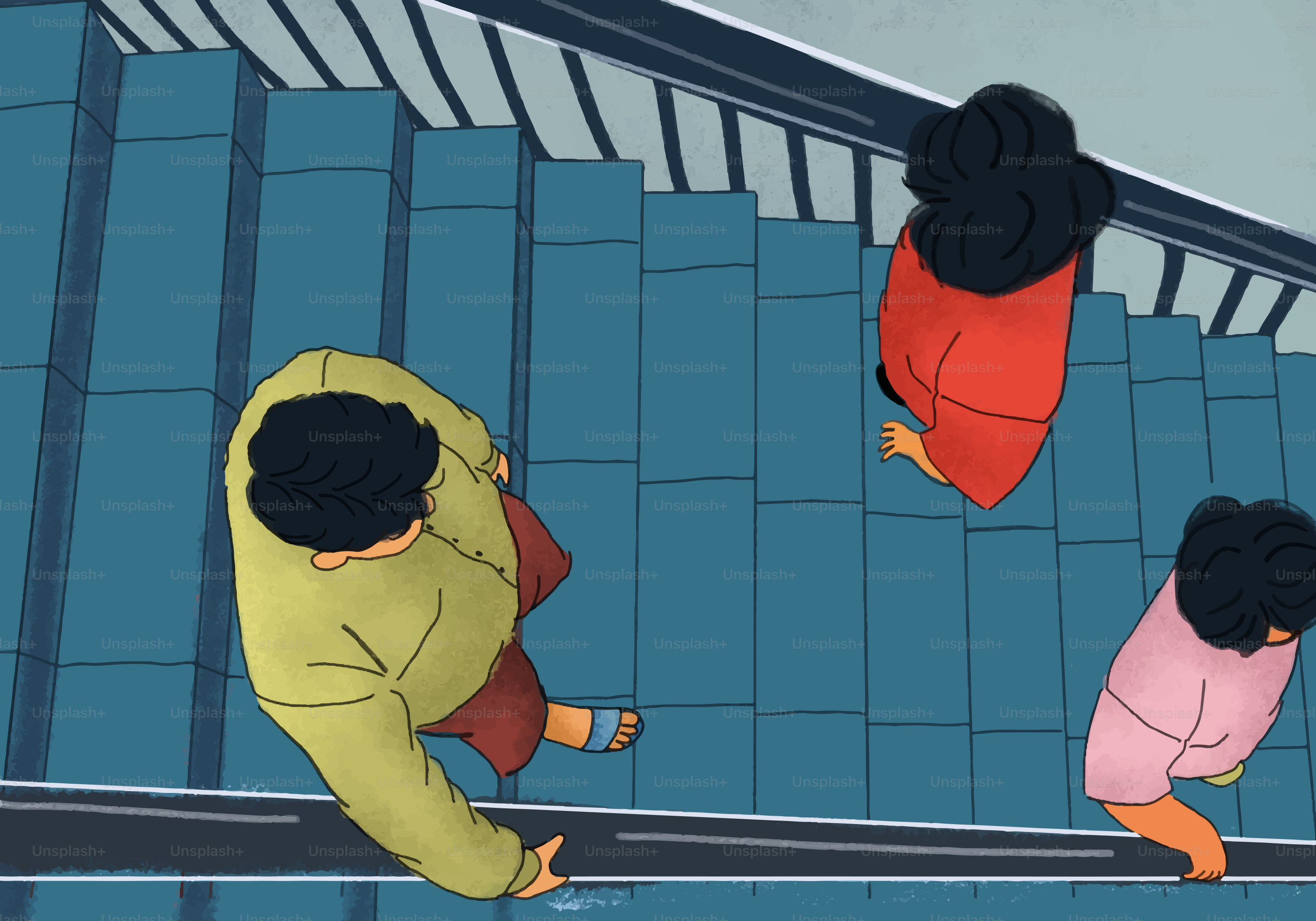 People walking down the stairs in an illustration.