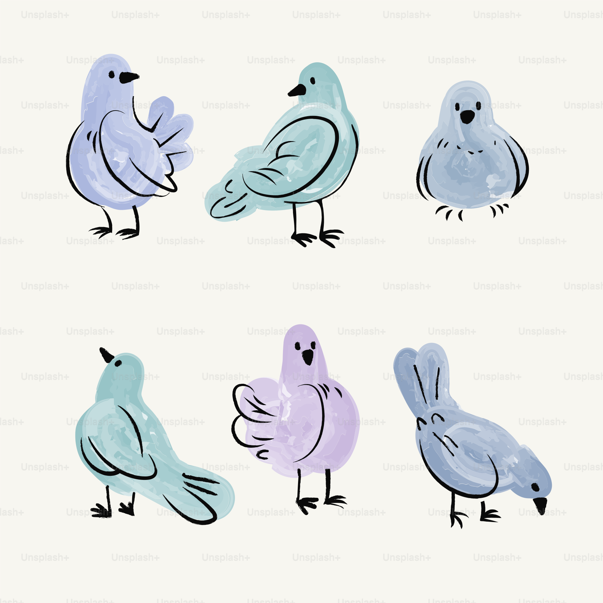 Six watercolor birds in various poses.