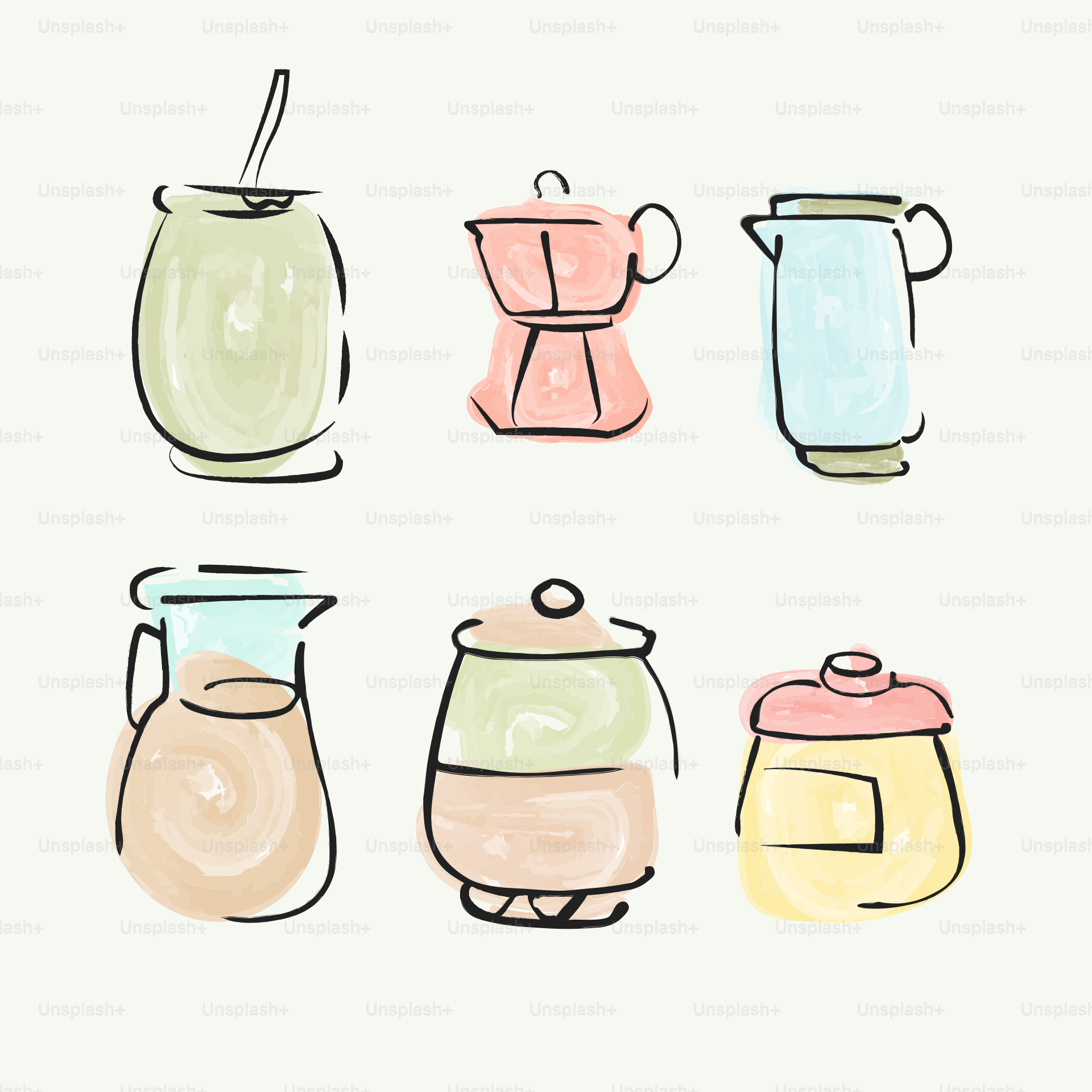 Here are a few options: * different kinds of beverage containers are illustrated. * several kitchenware items are drawn with colors. * colorful drawn images of various kitchenware.