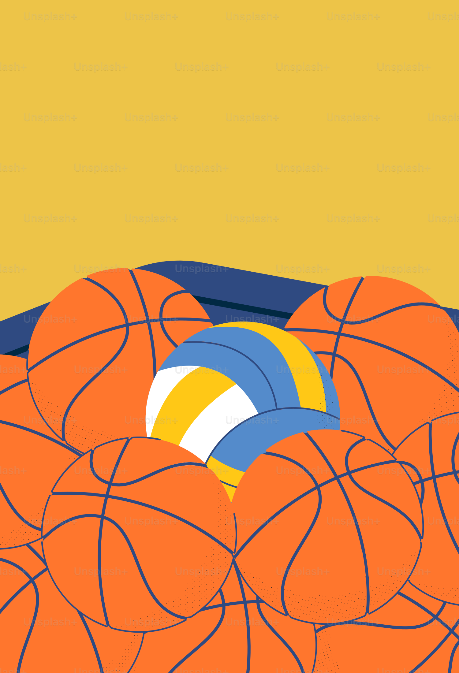 バレーボールが複数のバスケットボールの中に置かれています。