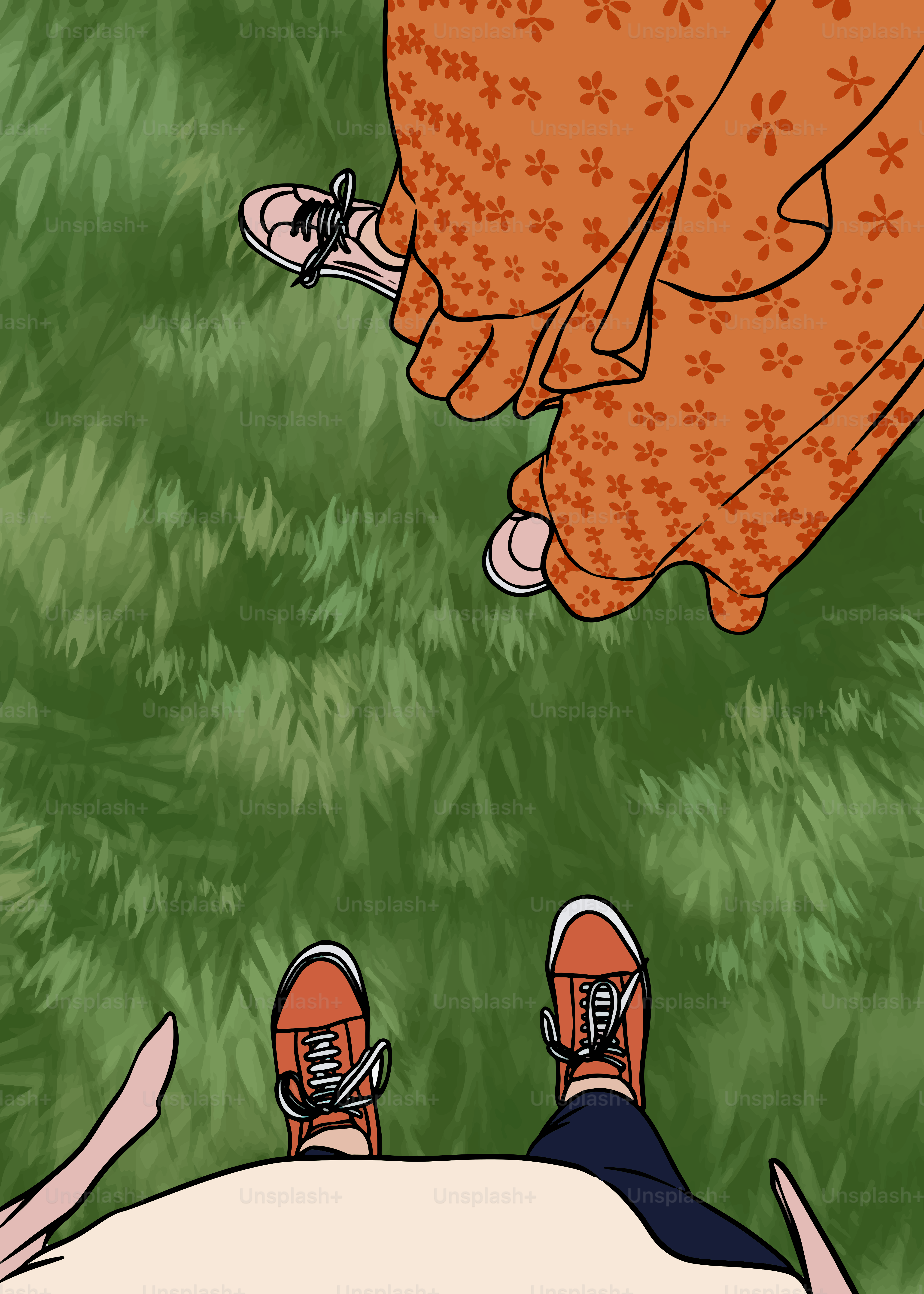 Two people standing in a grassy field.