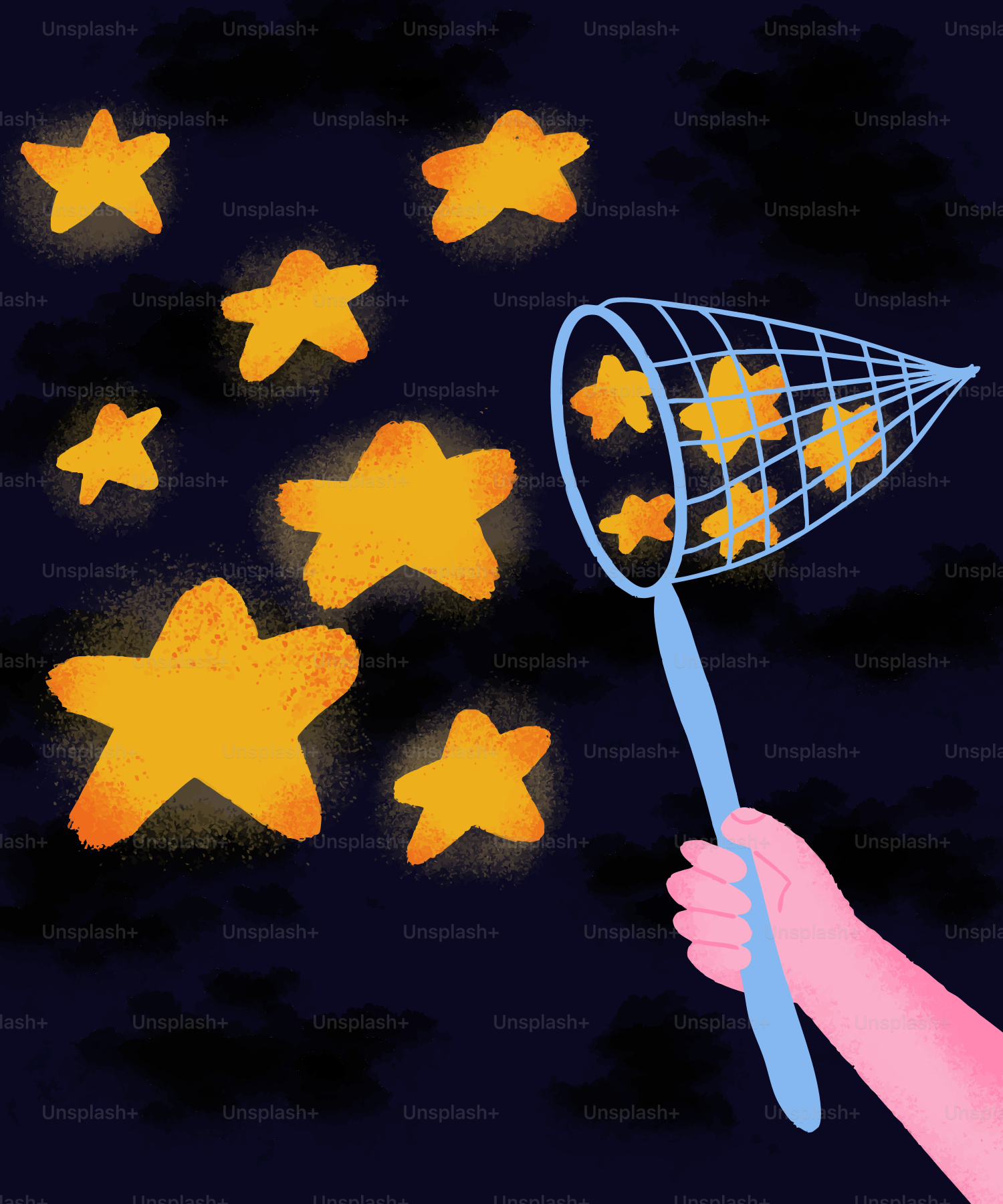 手が網で星を捕まえる。