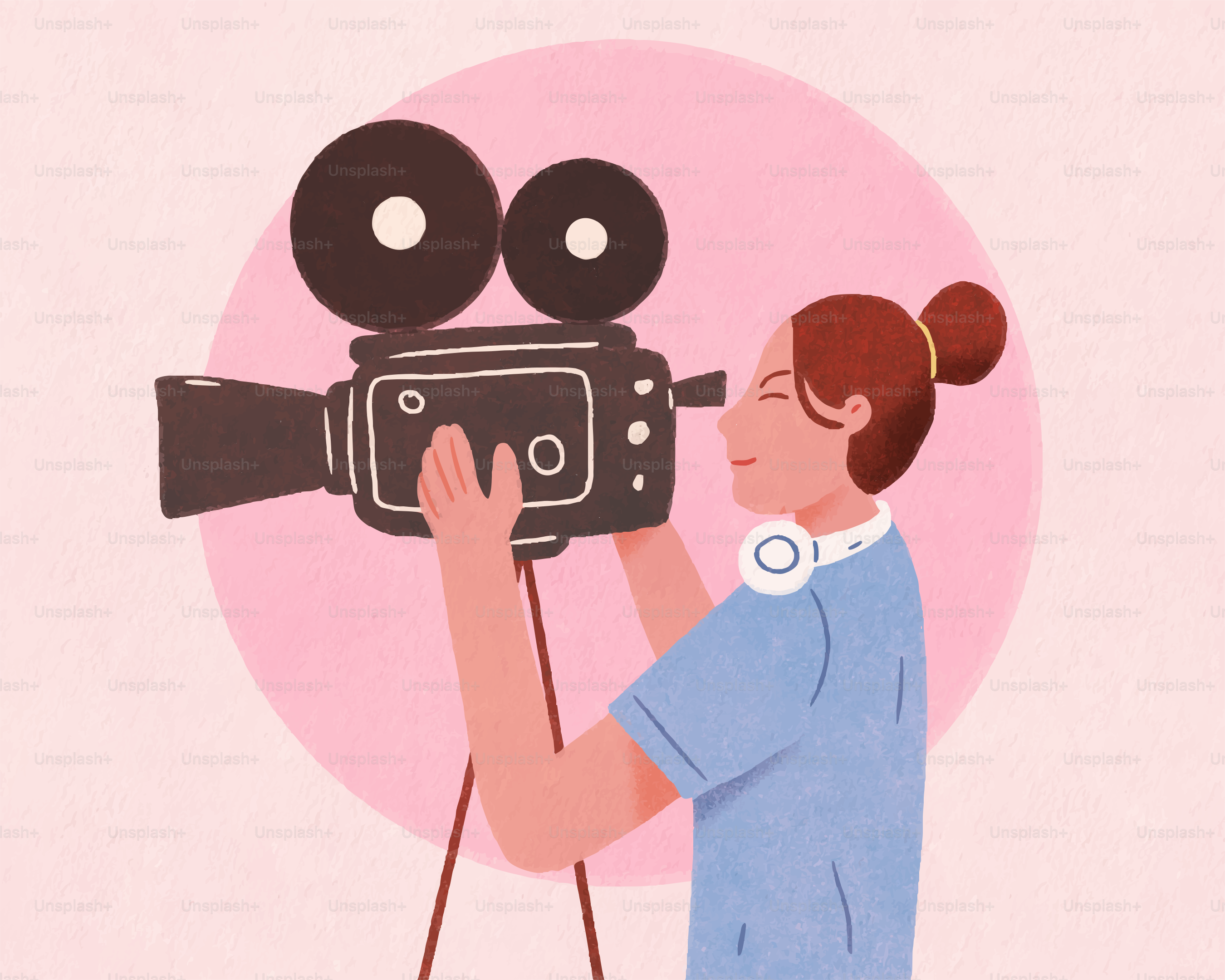 A woman operates a vintage movie camera.