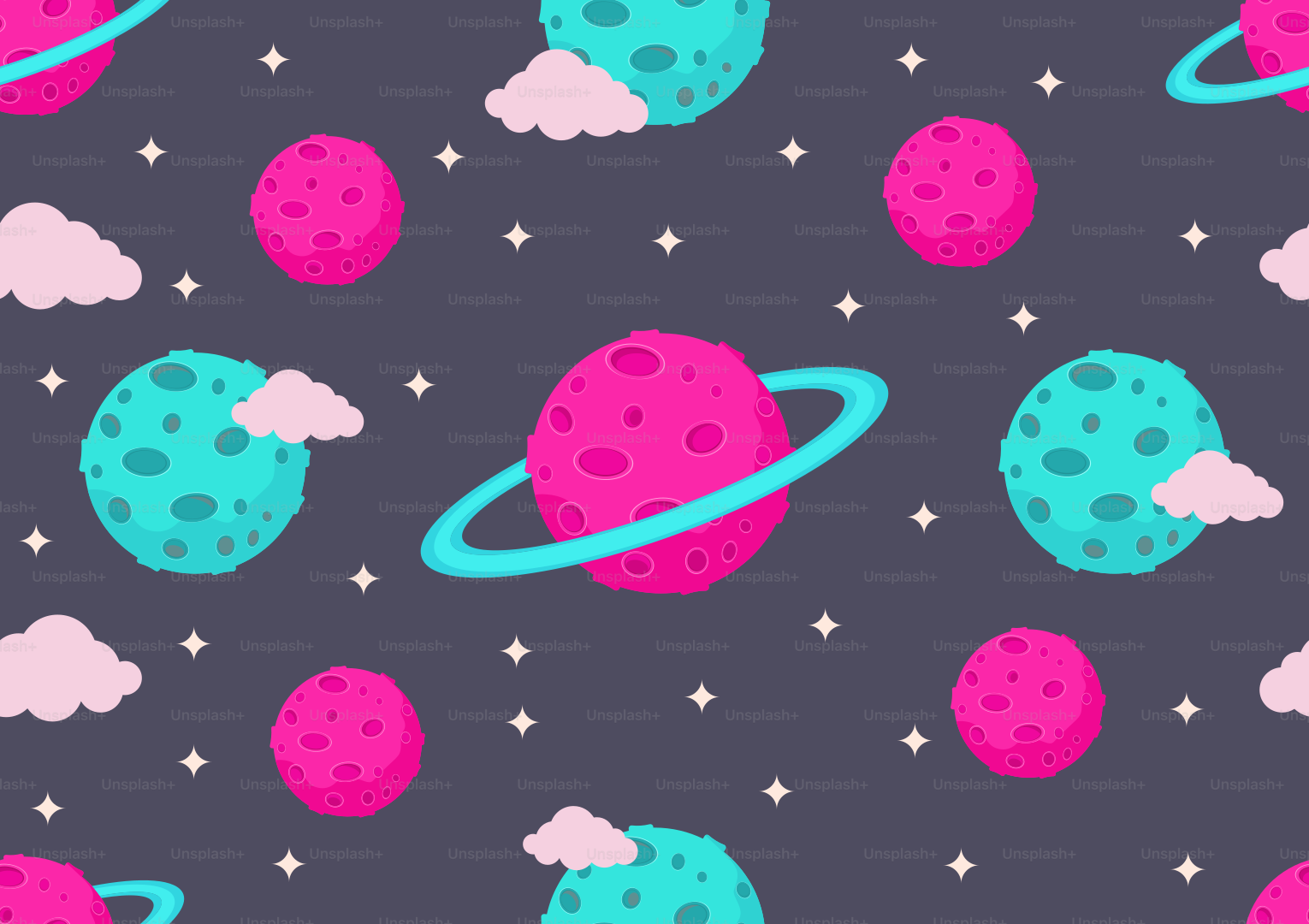 Planets, clouds, and stars in a cosmic pattern.