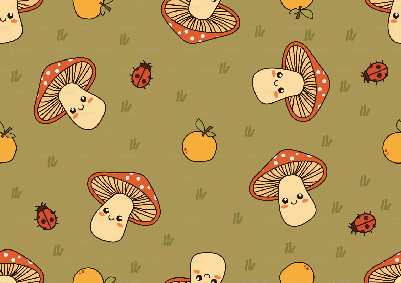 Cute mushrooms, apples, and ladybugs pattern.