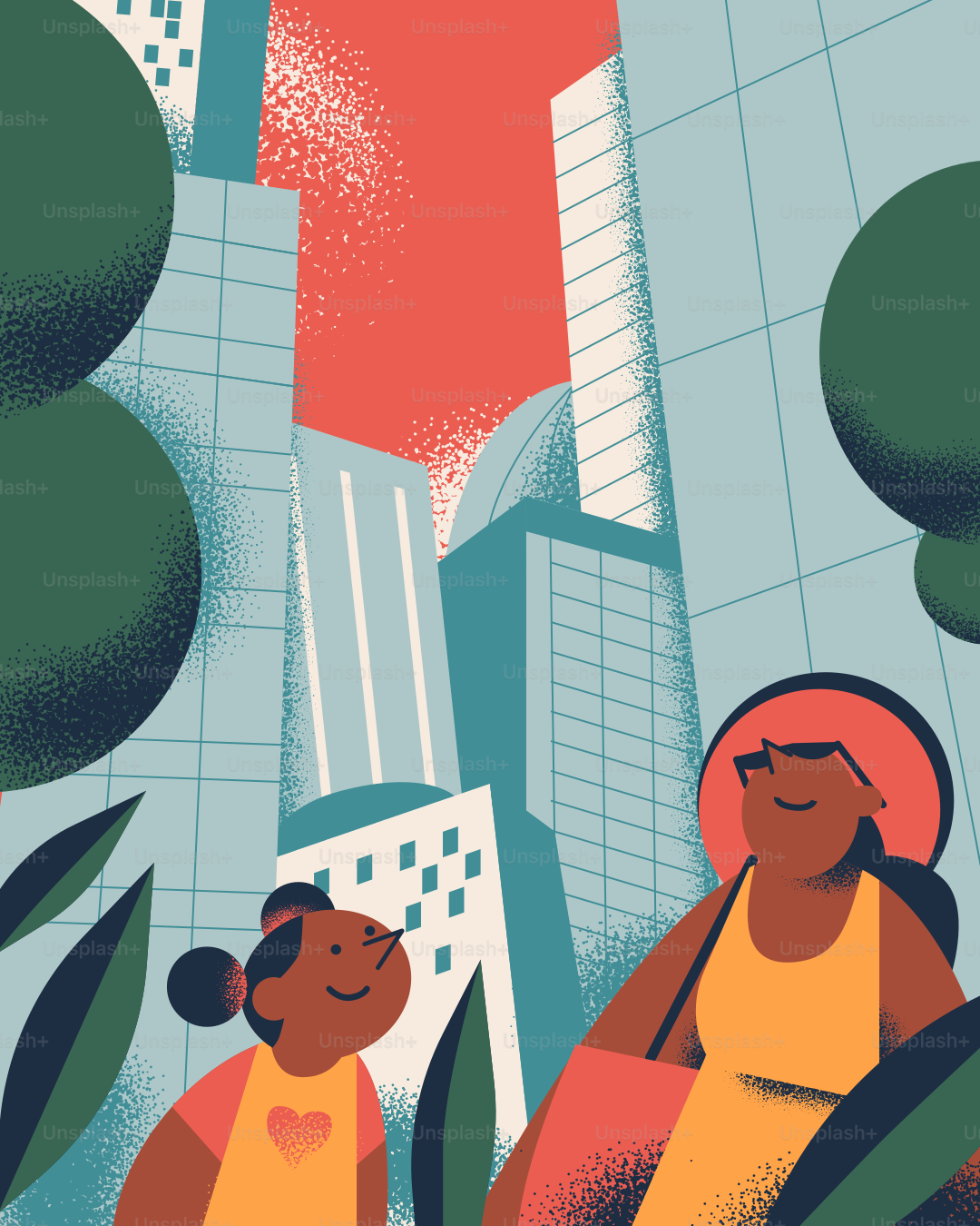 A mother and daughter look up at city buildings.