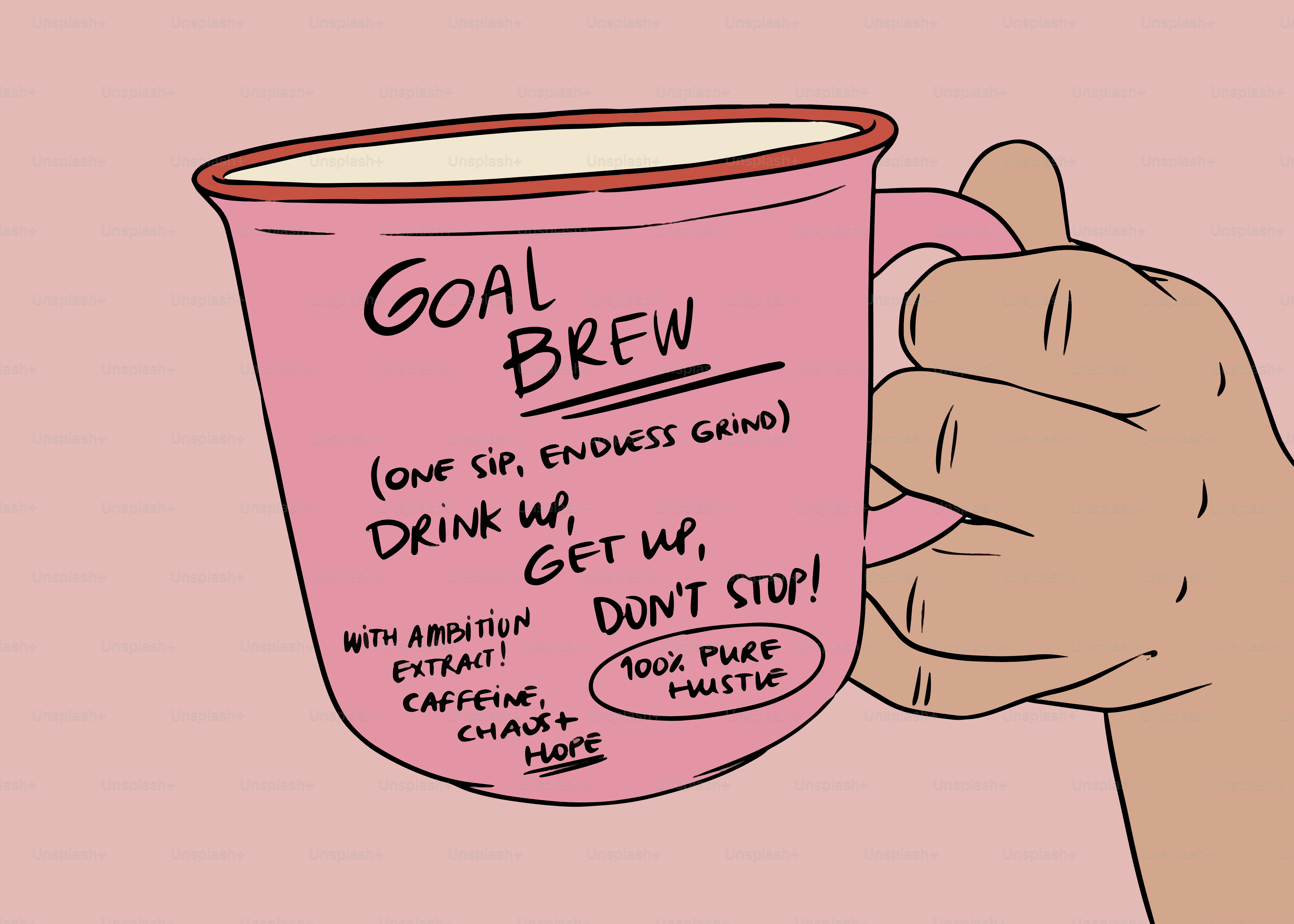 Eine Hand hält eine Tasse, auf der "Goal brew" steht.