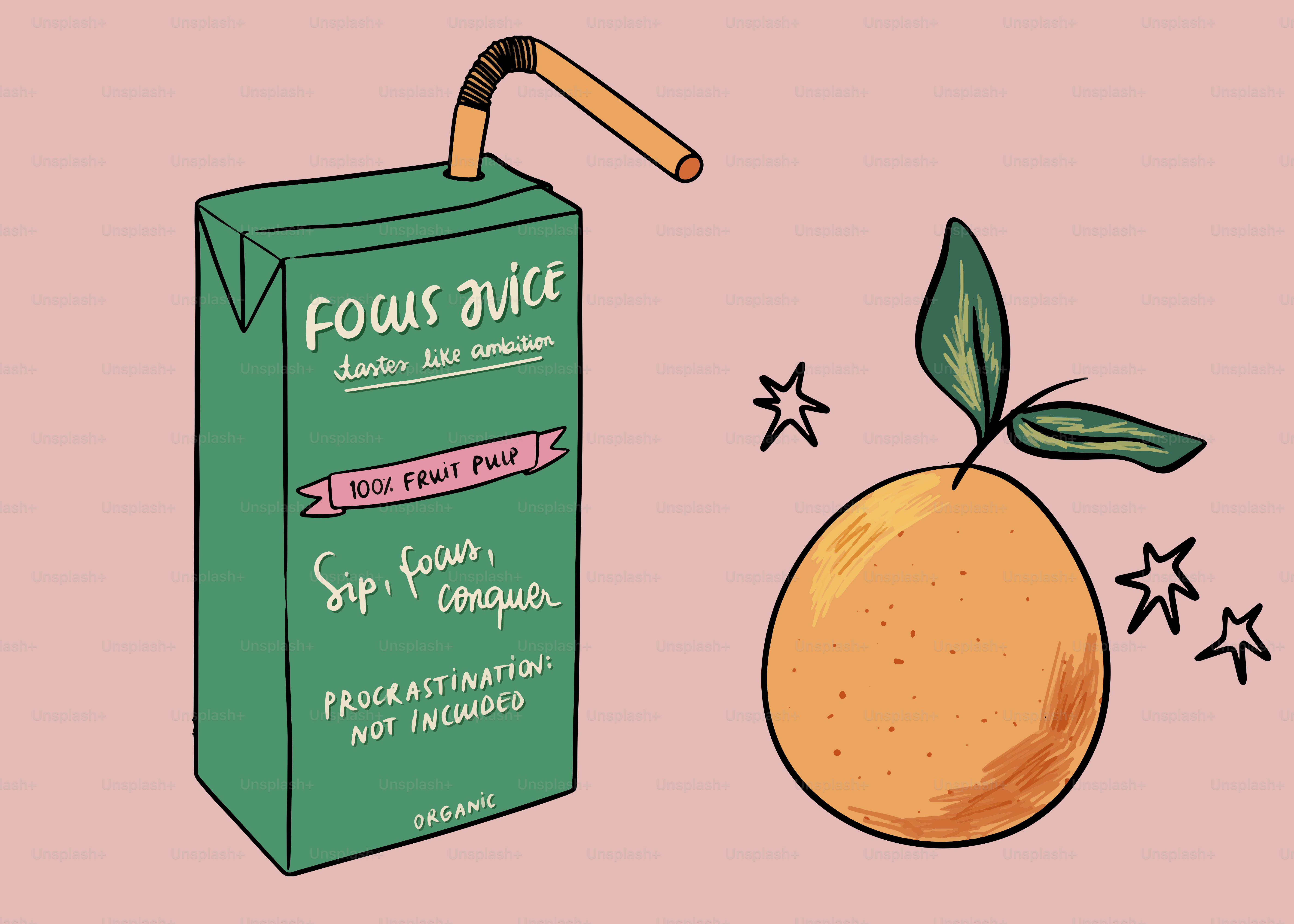Orange and juice box promoting focus.
