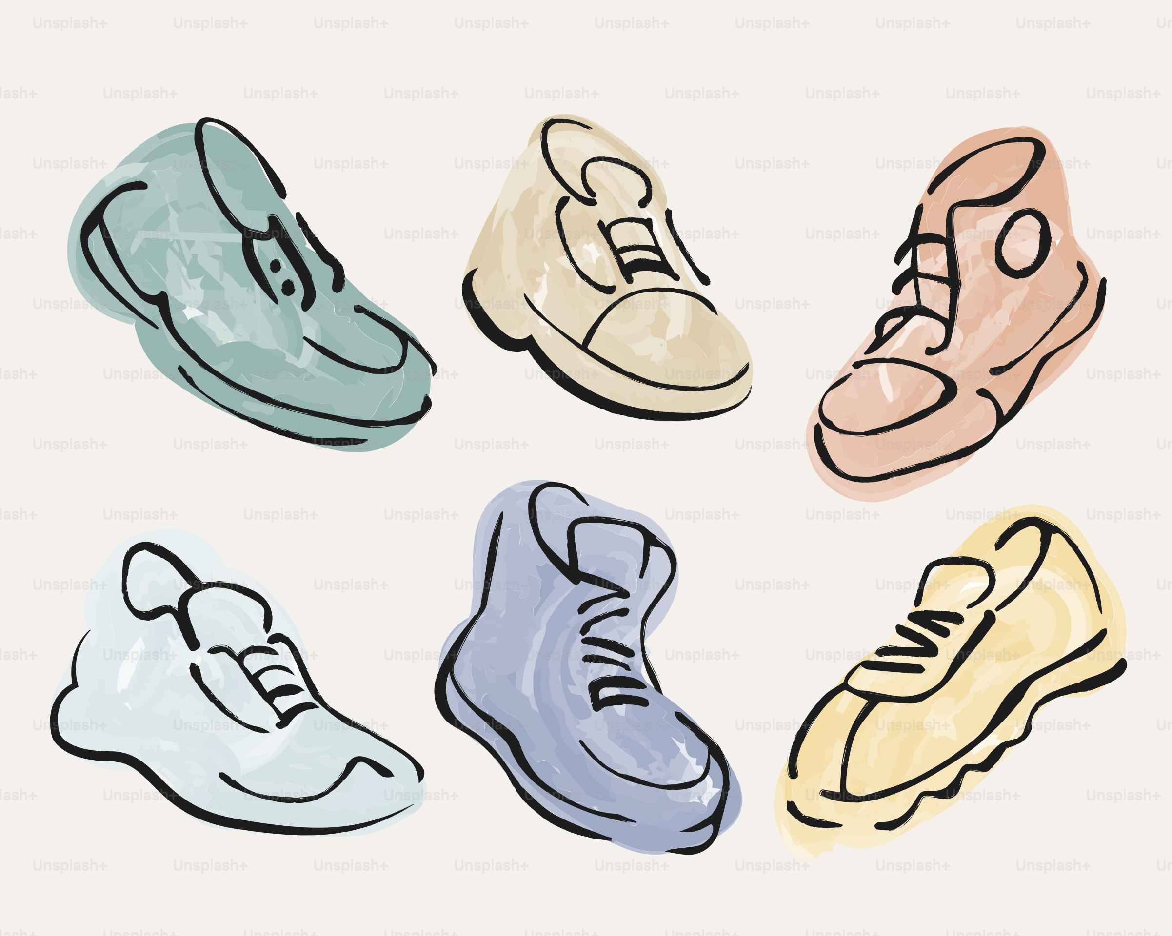 Watercolor sneakers are displayed in various colors.