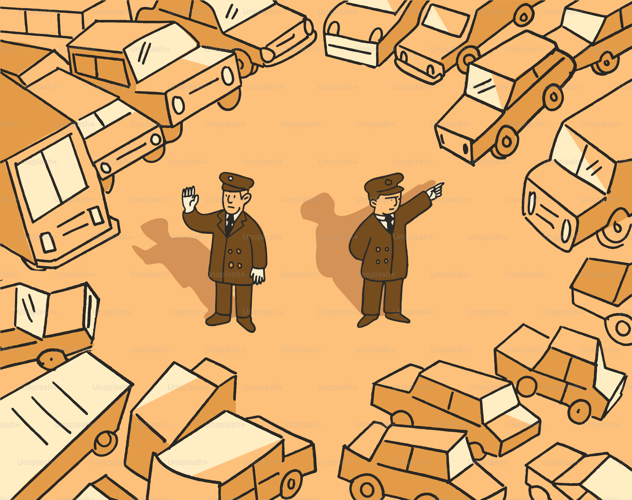 Traffic police manage the flow of cars.