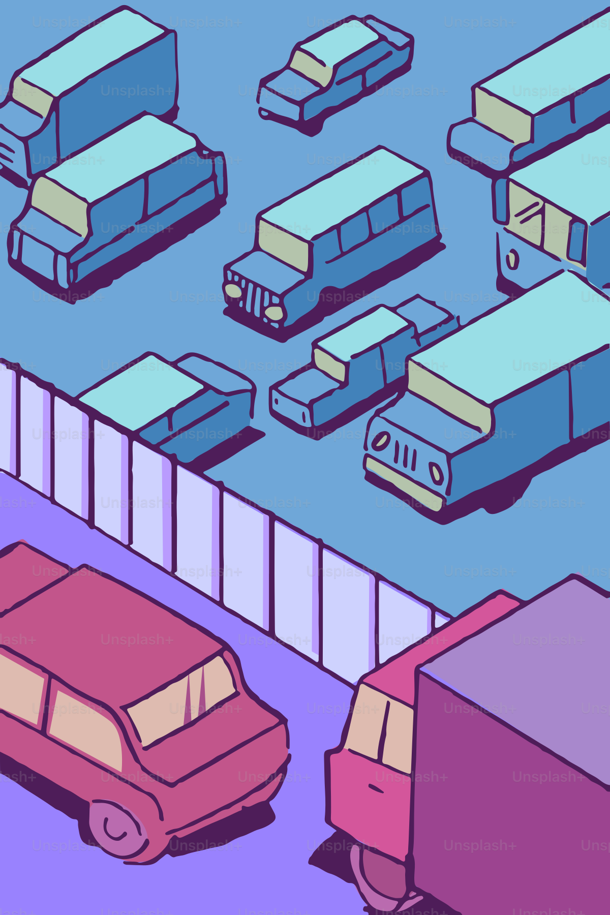 Cars are parked behind a wall in an illustration.