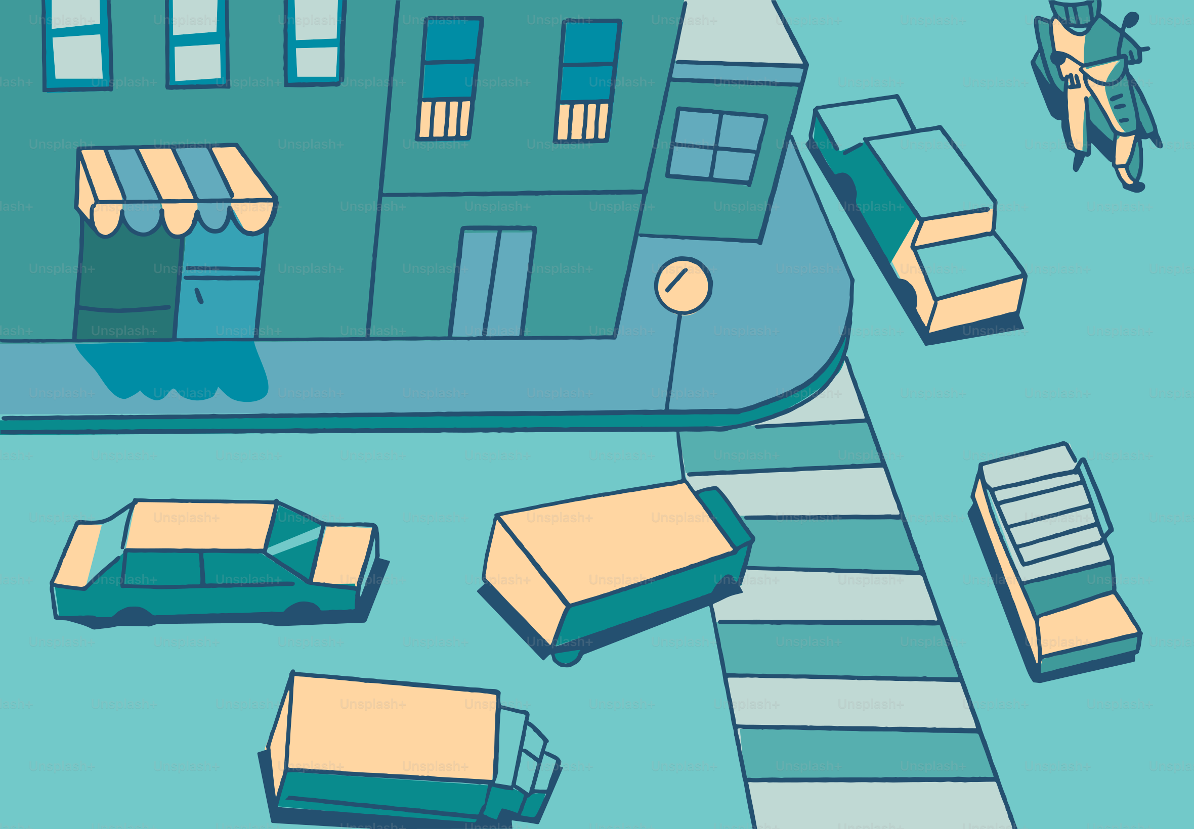 City scene with buildings, cars, and a motorcycle.