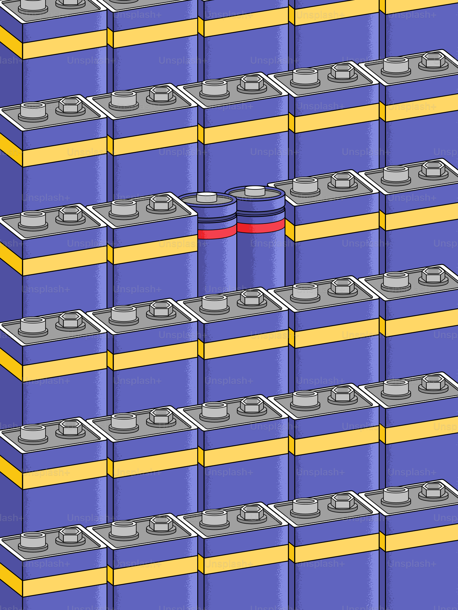 Rows of blue batteries with red cylindrical ones.