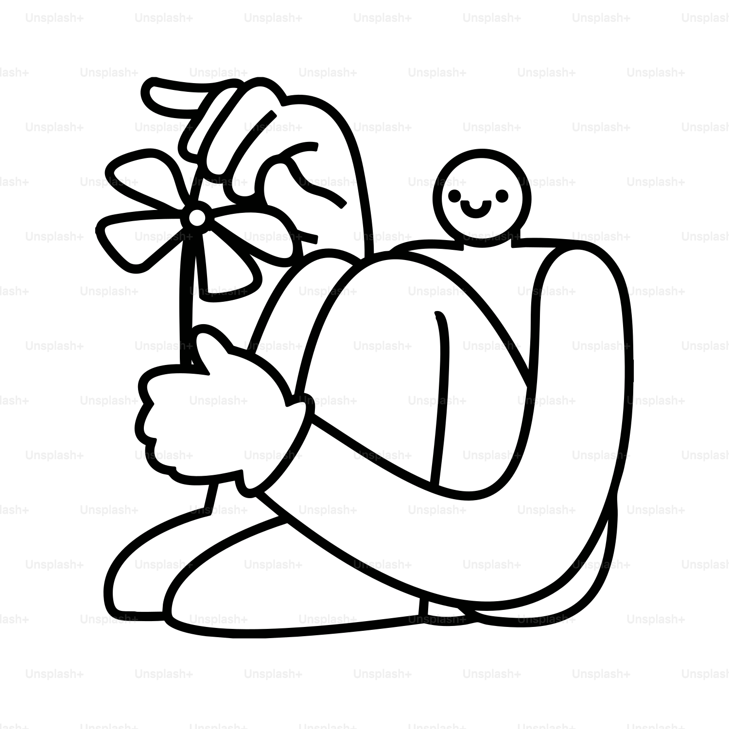 Un personnage heureux tient un moulin.