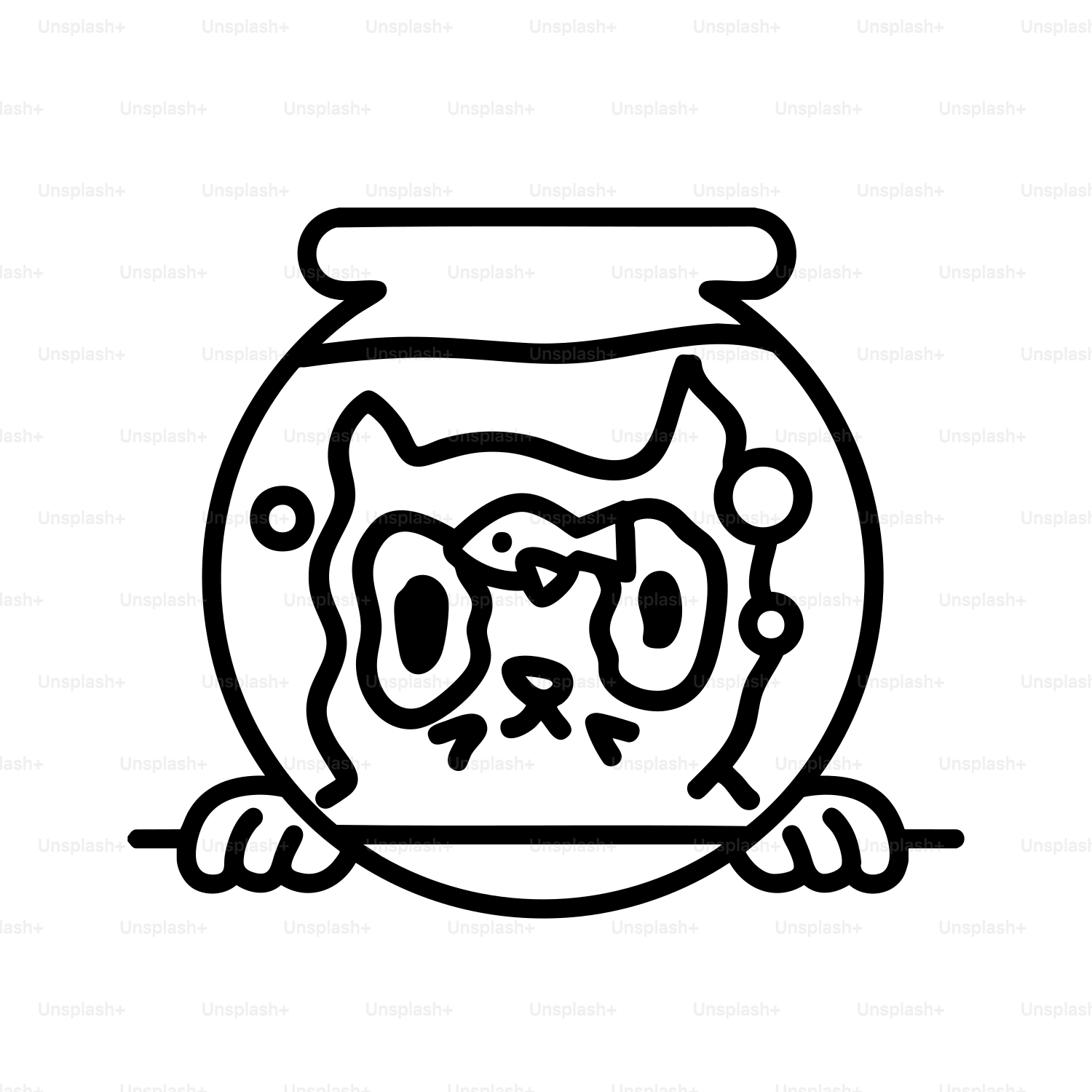 Chat piégé à l’intérieur d’un bocal à poissons avec un poisson.