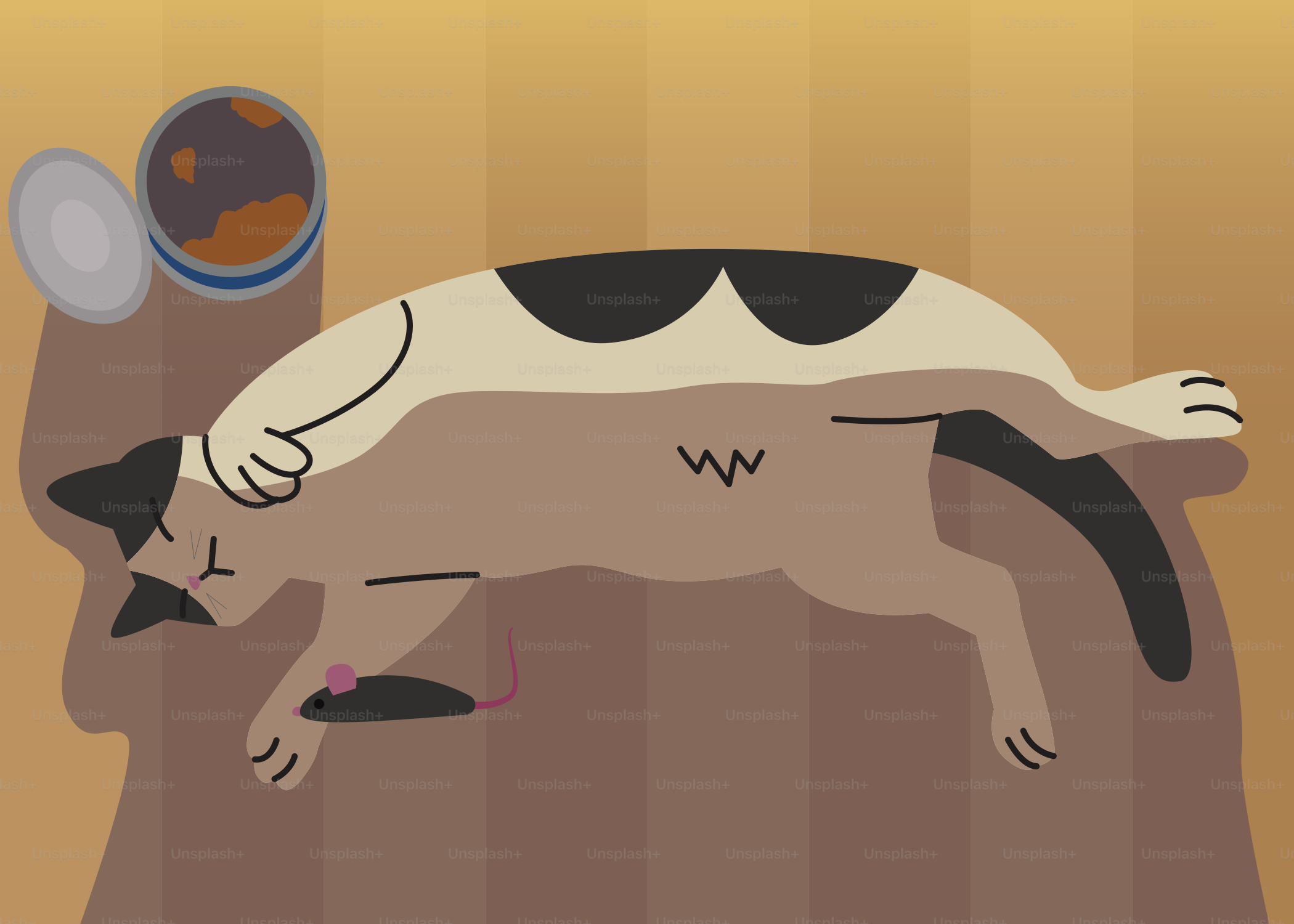 A relaxed cat rests near its food and a mouse.