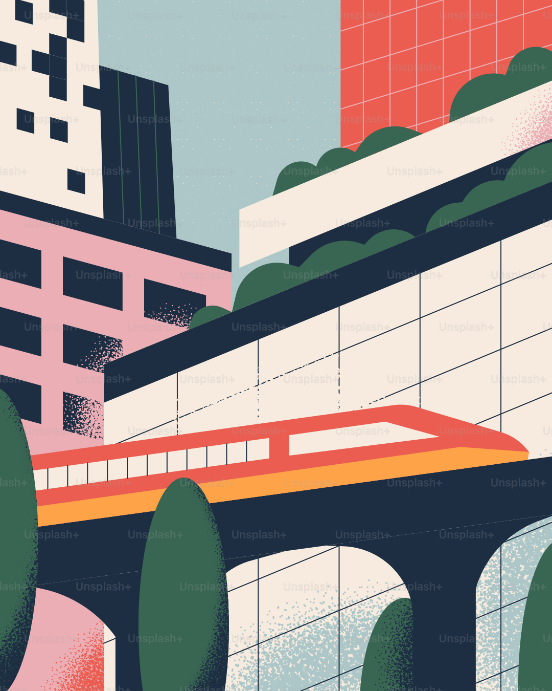 A train runs through a city's buildings.