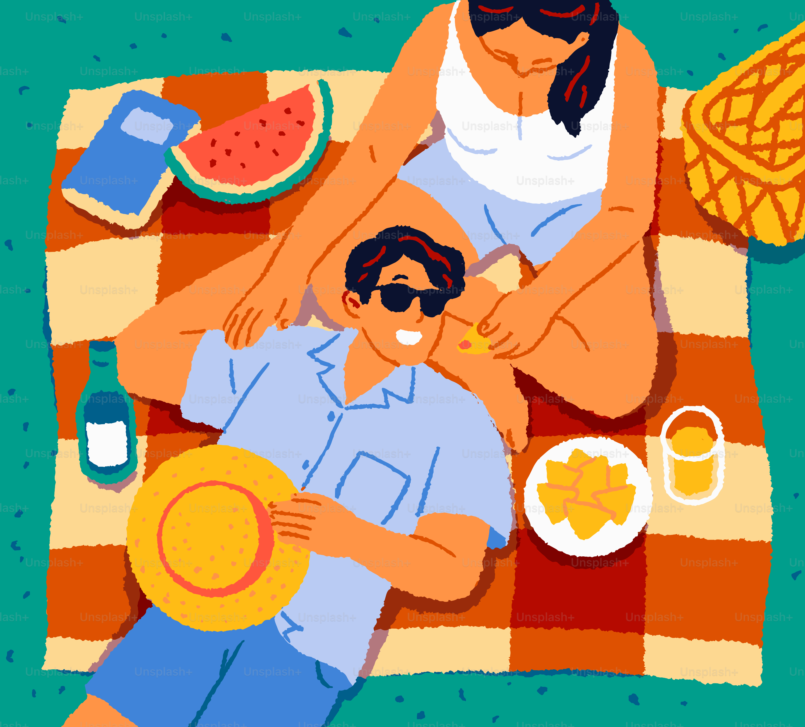 Pareja haciendo un picnic juntos bajo el sol.