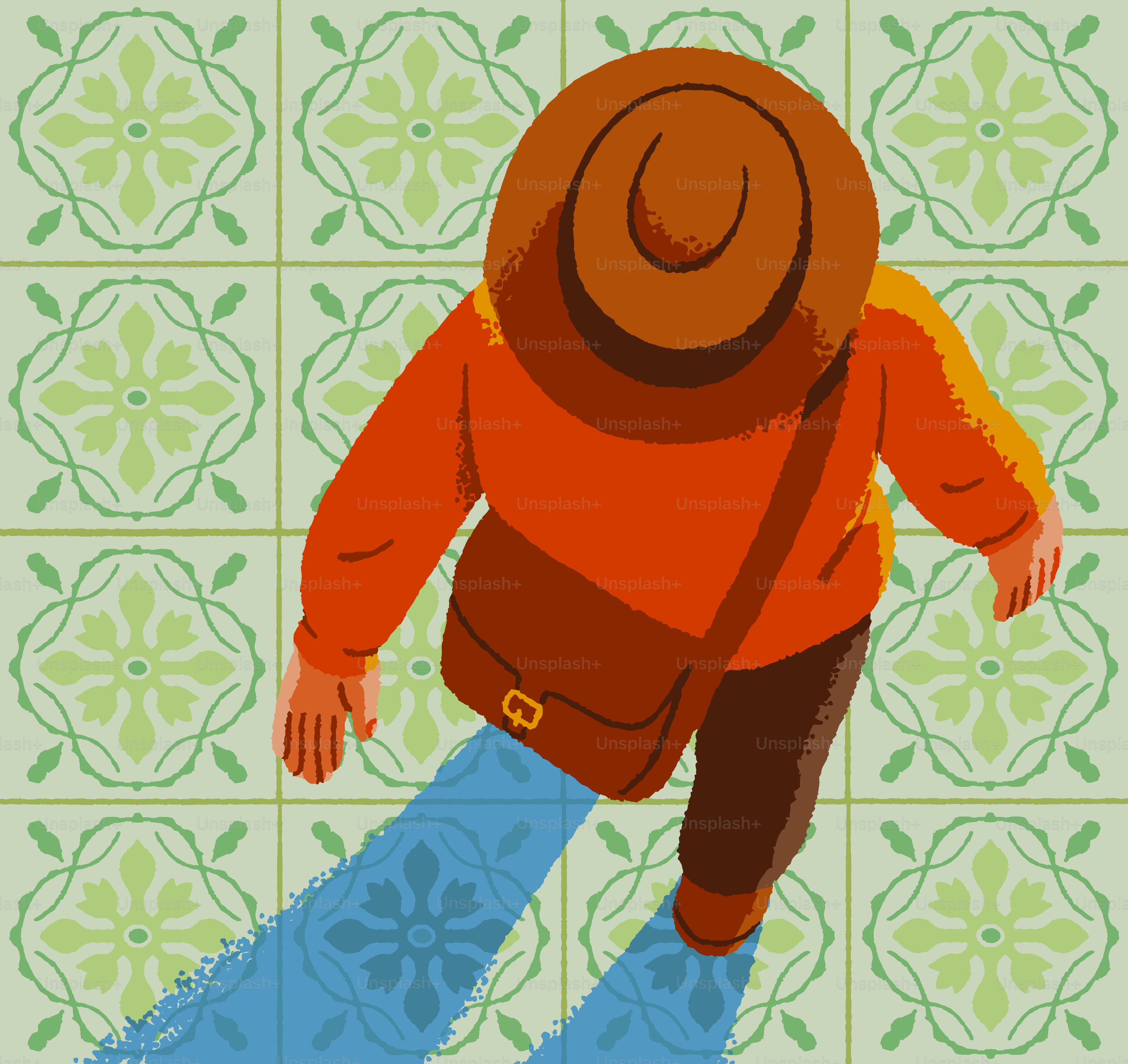 A person walks on patterned tiles with a bag.