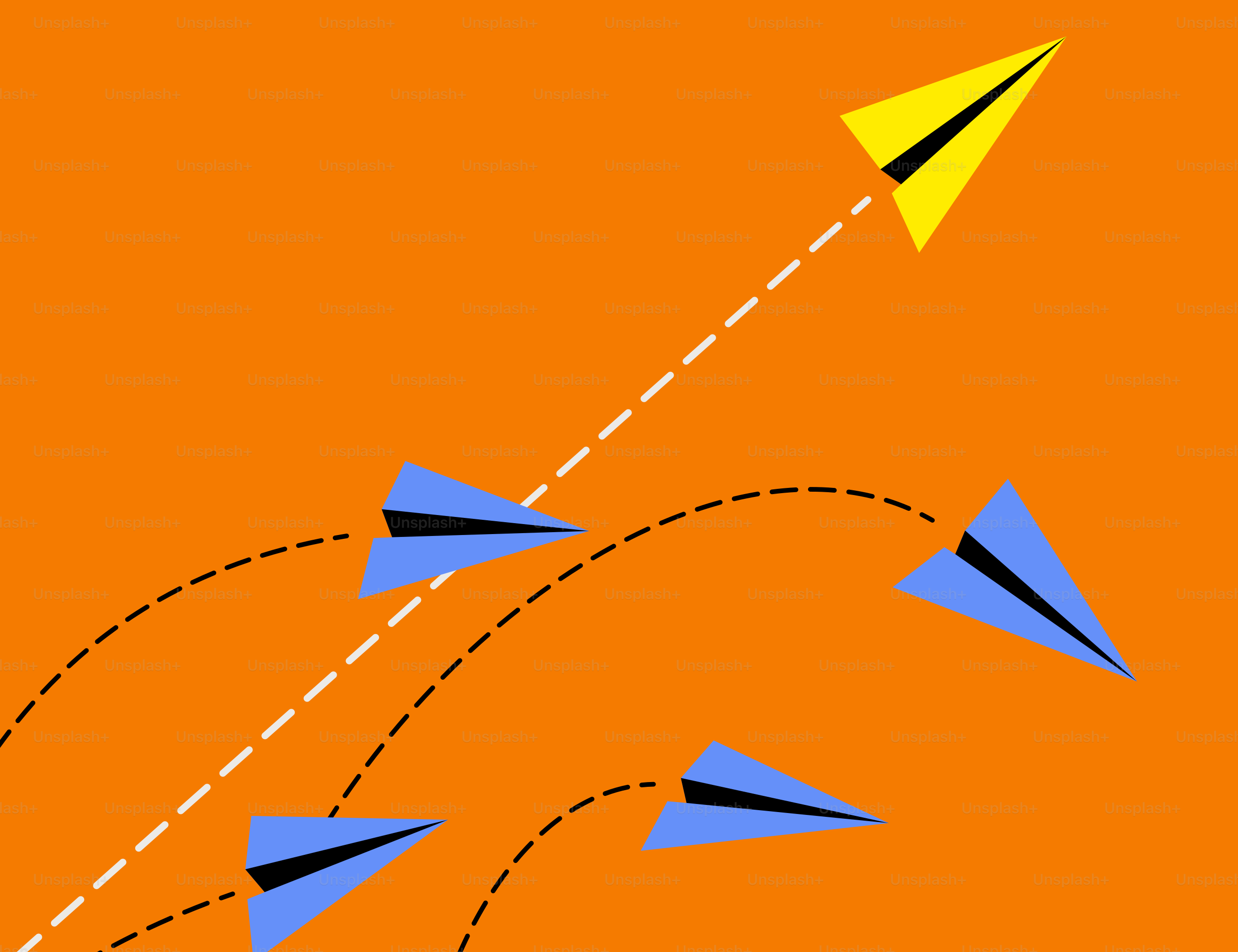 Yellow paper airplane leads blue ones.